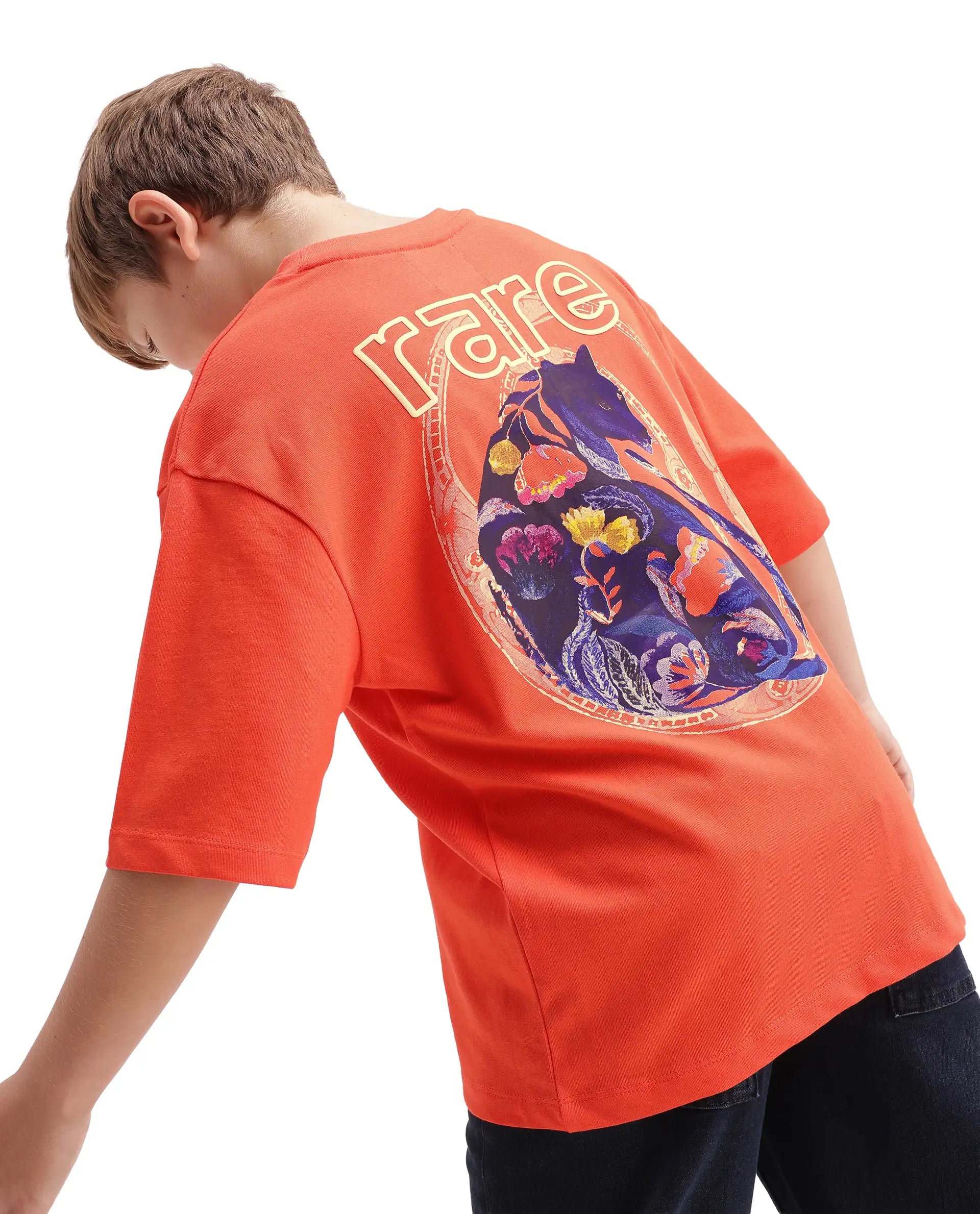 Rare Ones Kids Cato26-K Orange Cotton Fabric Pull-On Closure Oversized Fit T-Shirt