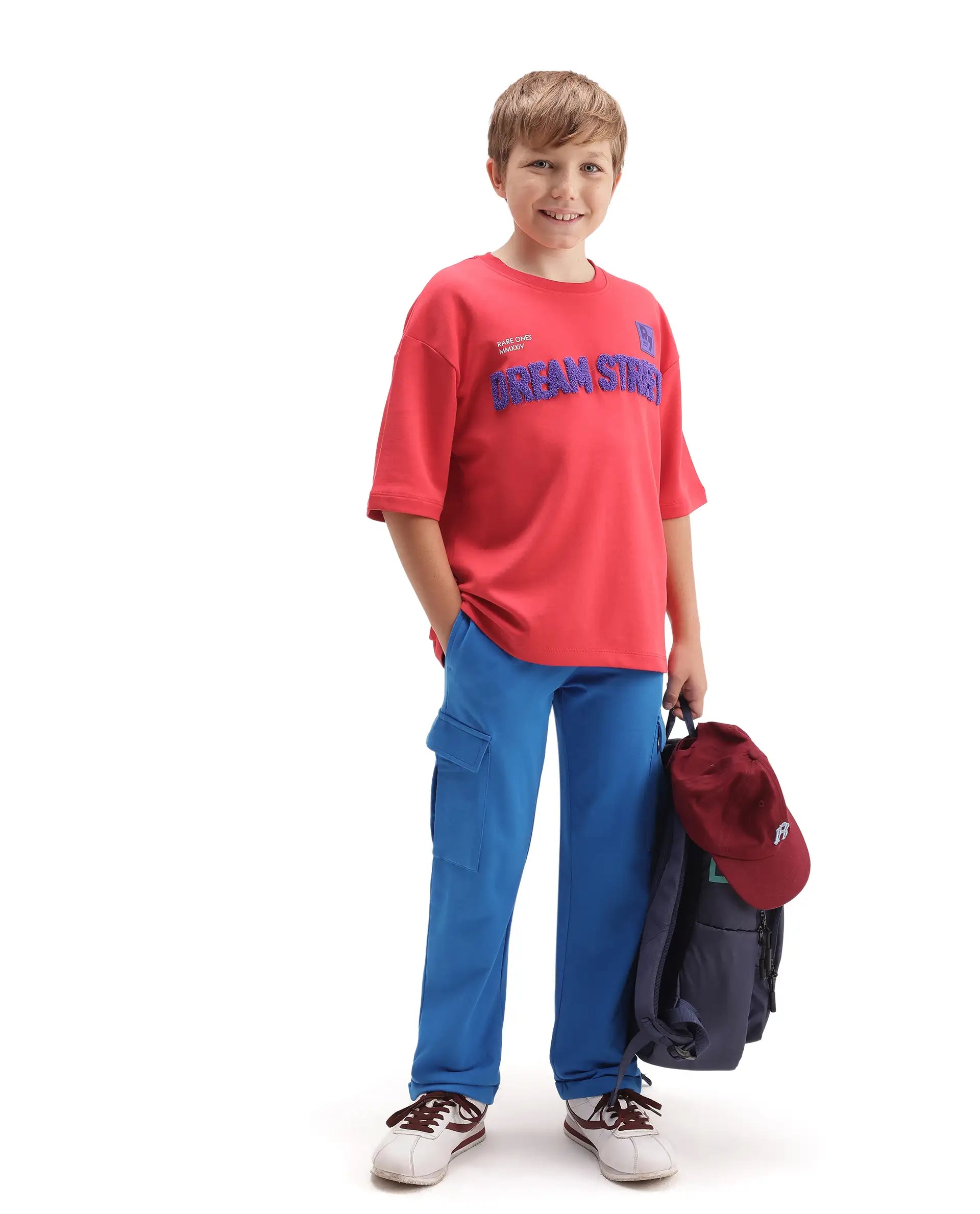 Rare Ones Kids Soin-K Red Cotton Blend Fabric Pull-On Closure Oversized Fit T-Shirt