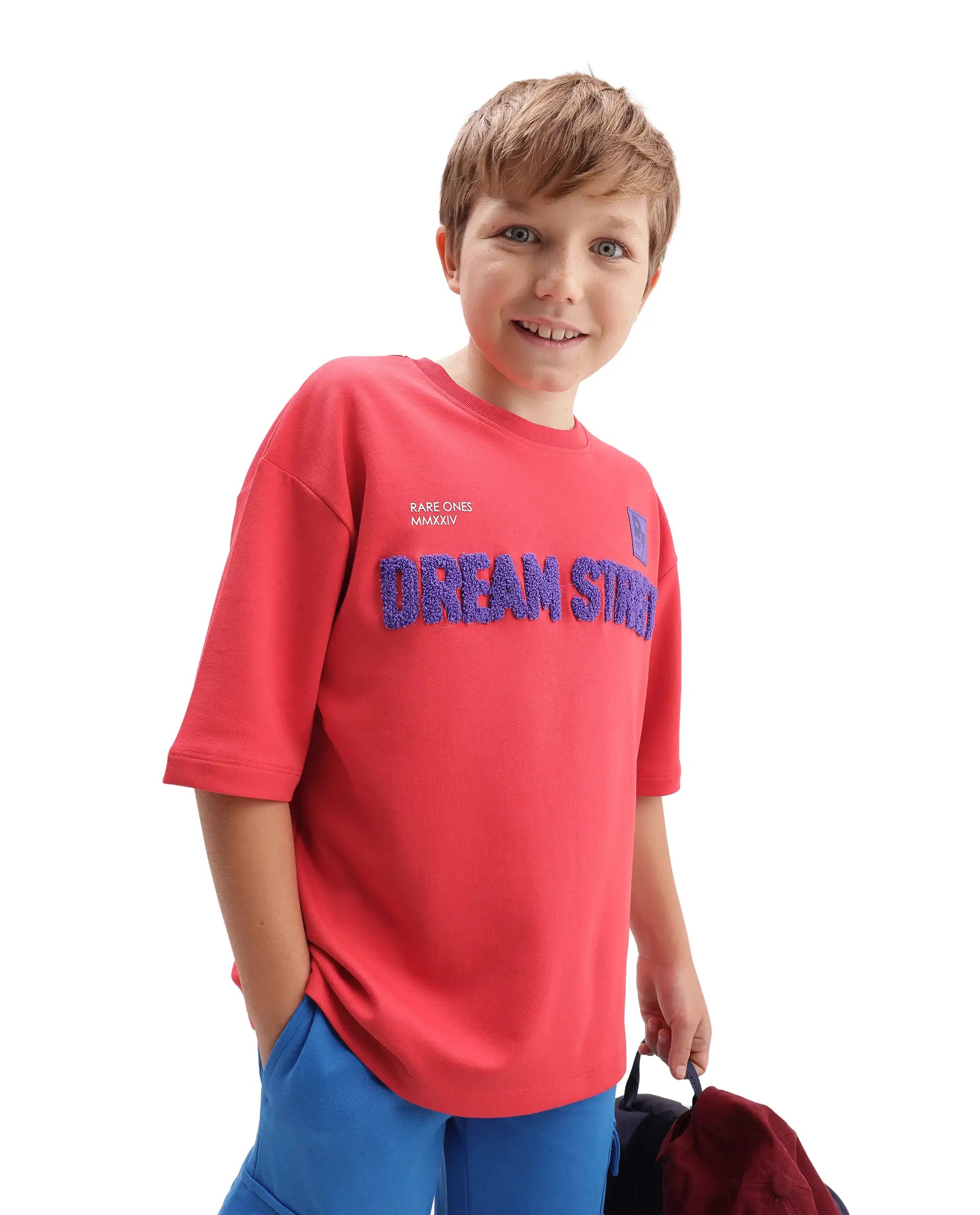 Rare Ones Kids Soin-K Red Cotton Blend Fabric Pull-On Closure Oversized Fit T-Shirt