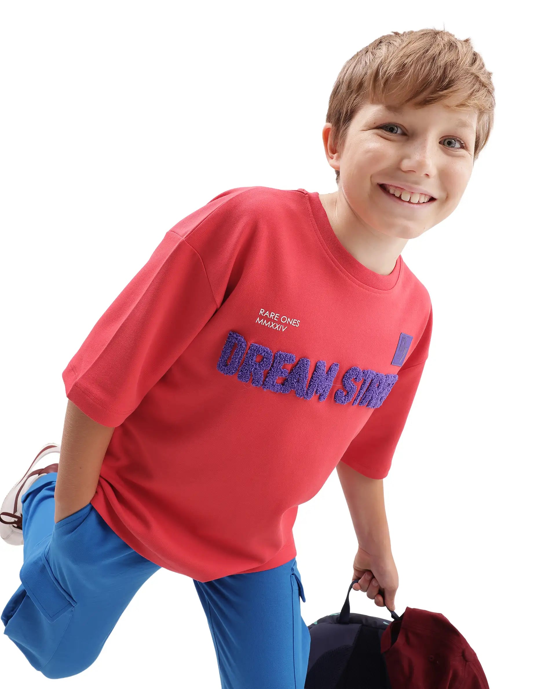 Rare Ones Kids Soin-K Red Cotton Blend Fabric Pull-On Closure Oversized Fit T-Shirt