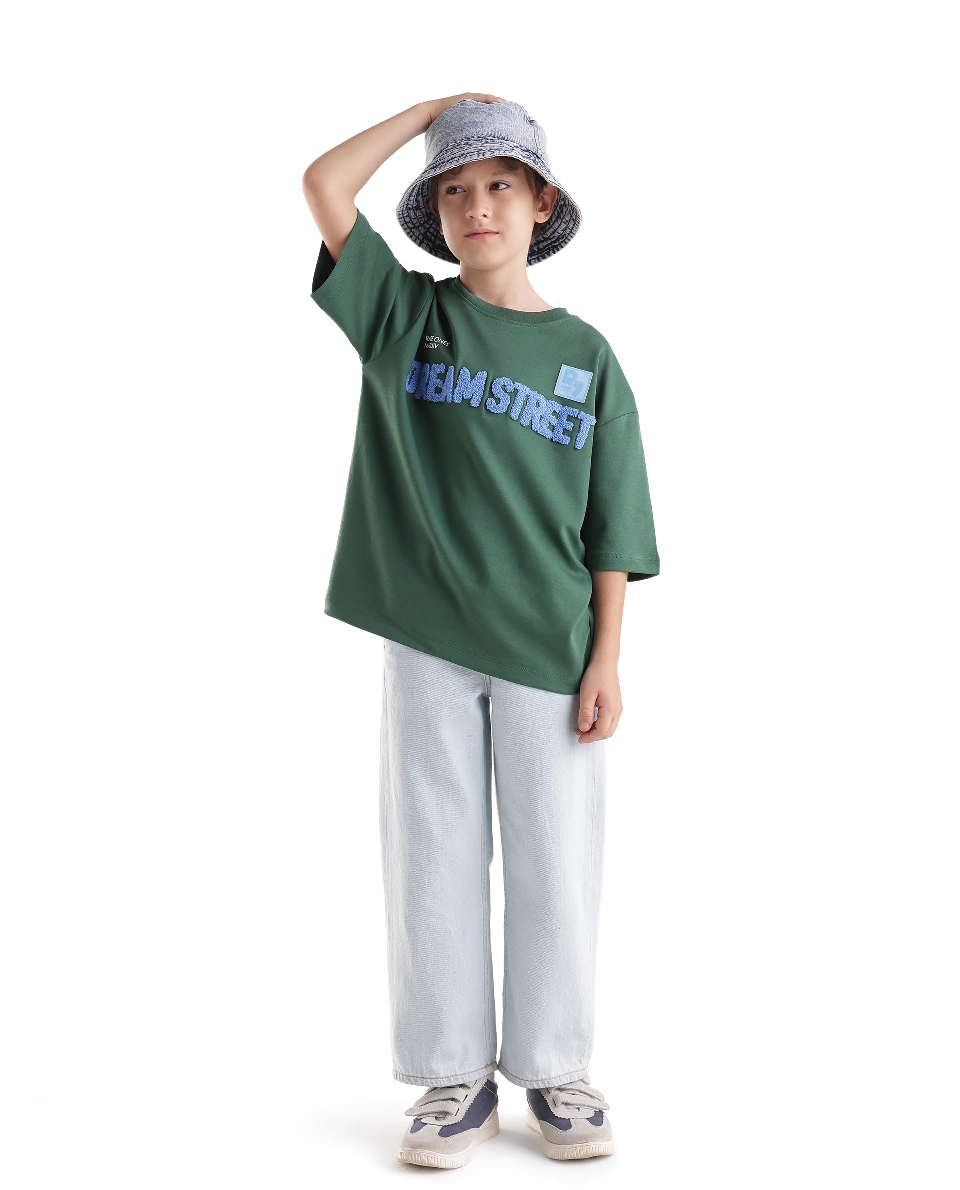 Rare Ones Kids Soin-K Green Cotton Blend Fabric Pull-On Closure Oversized Fit T-Shirt