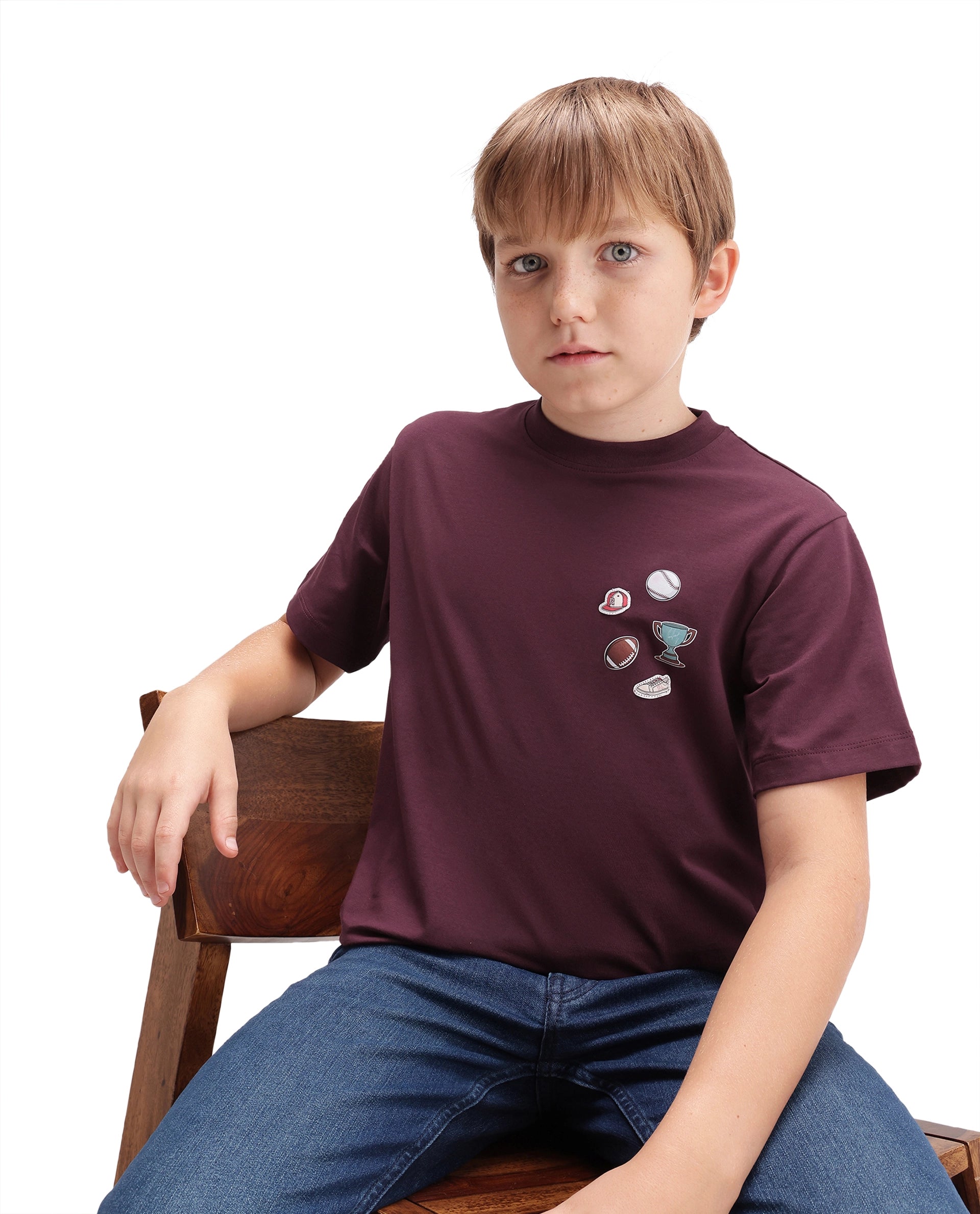 Rare Ones Kids Boun Dark Maroon Cotton Blend Fabric Pull-On Closure Regular Fit T-Shirt