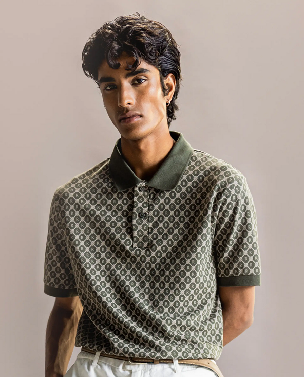 Rare Rabbit Men's Post-P Olive Cotton Blend Spread Collar Regular Monogram Print Polo