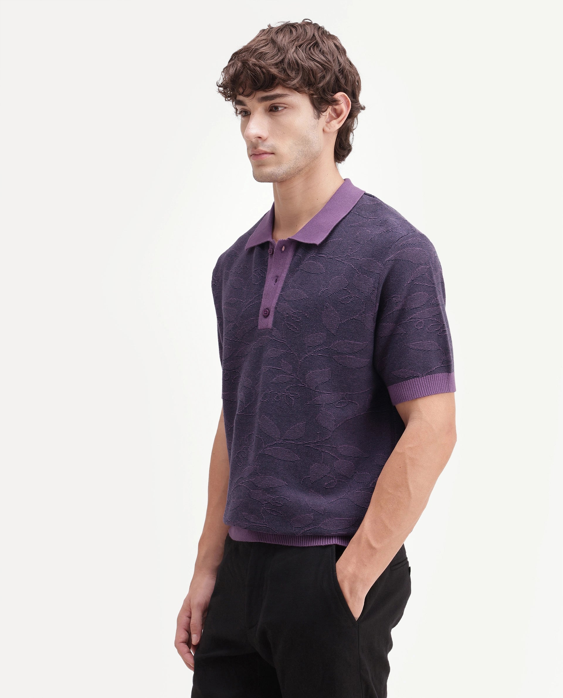 Rare Rabbit Men's Gera Purple Cotton Spread Collar Button Regular Fit Jacquard Print Polo