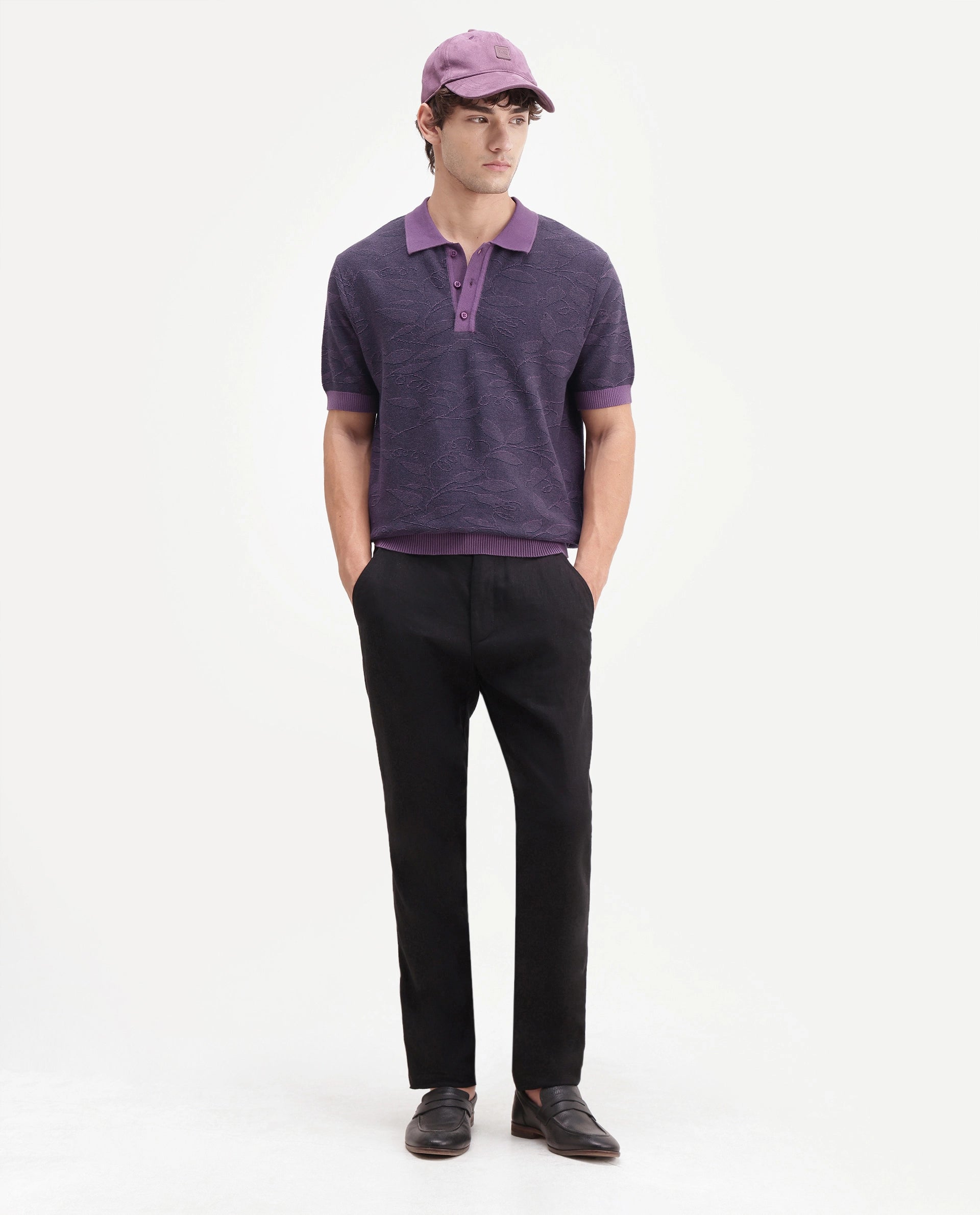 Rare Rabbit Men's Gera Purple Cotton Spread Collar Button Regular Fit Jacquard Print Polo