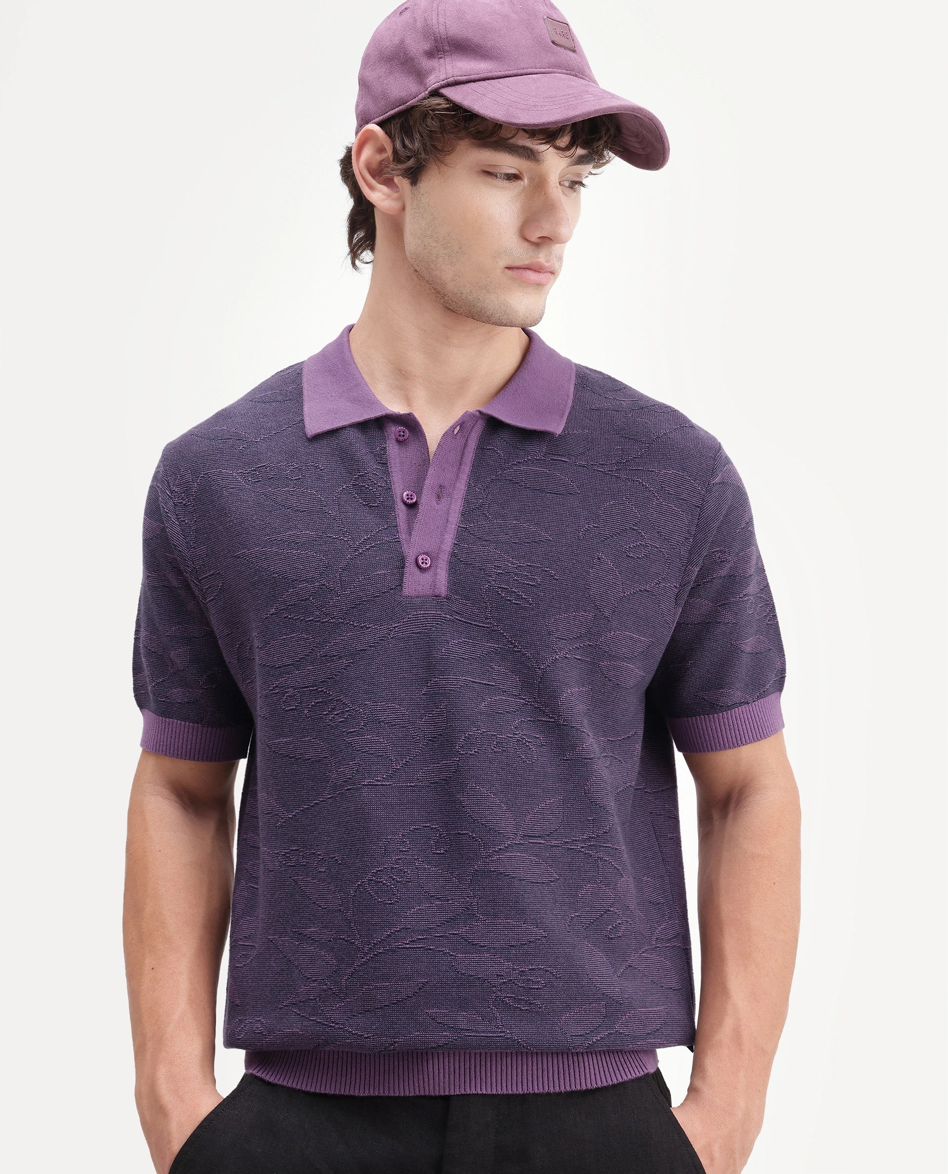 Rare Rabbit Men's Gera Purple Cotton Spread Collar Button Regular Fit Jacquard Print Polo