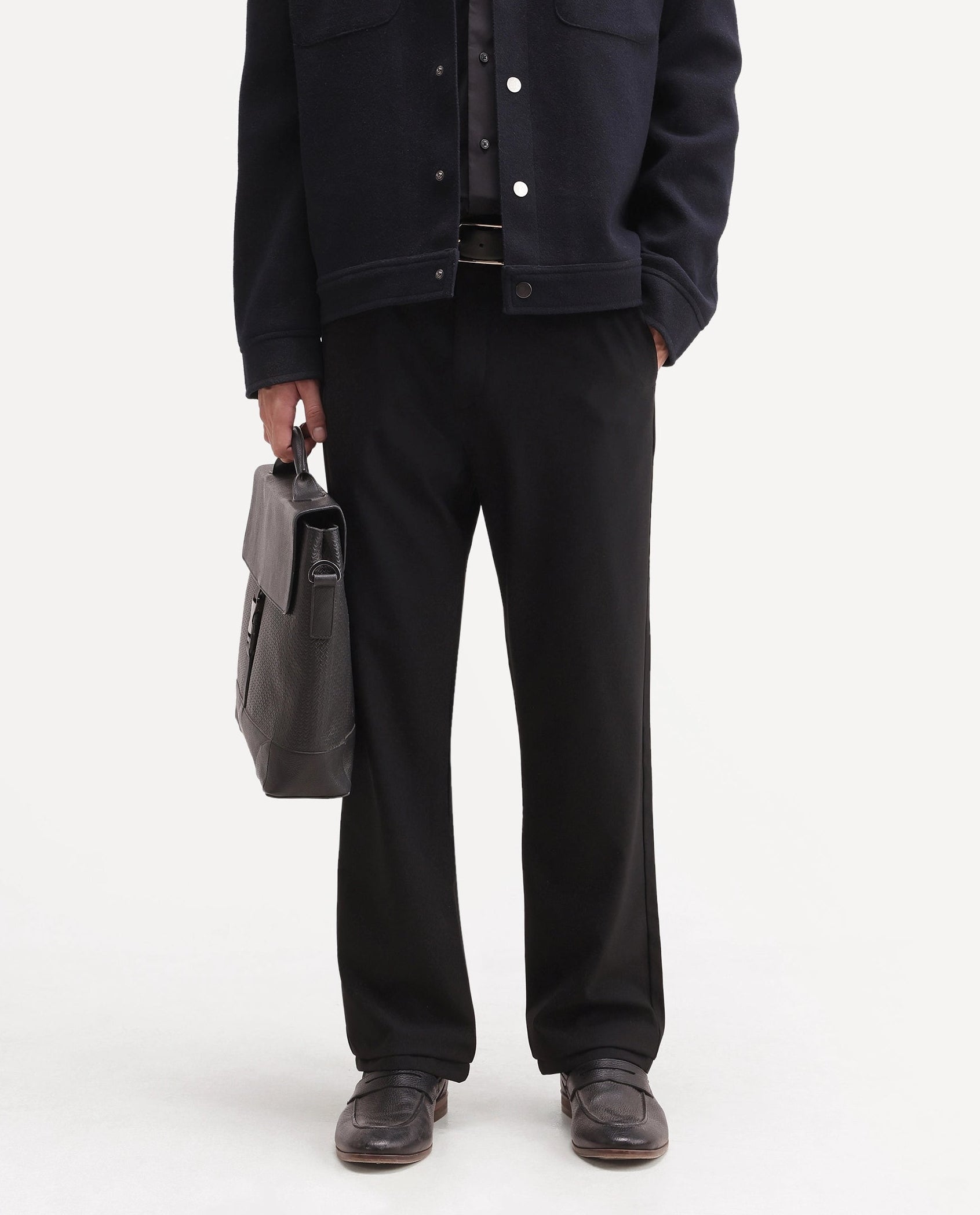 Rare Rabbit Men's Travel-W-Aw26 Black Polyester Blend Button And Zip Regular Plain Trouser