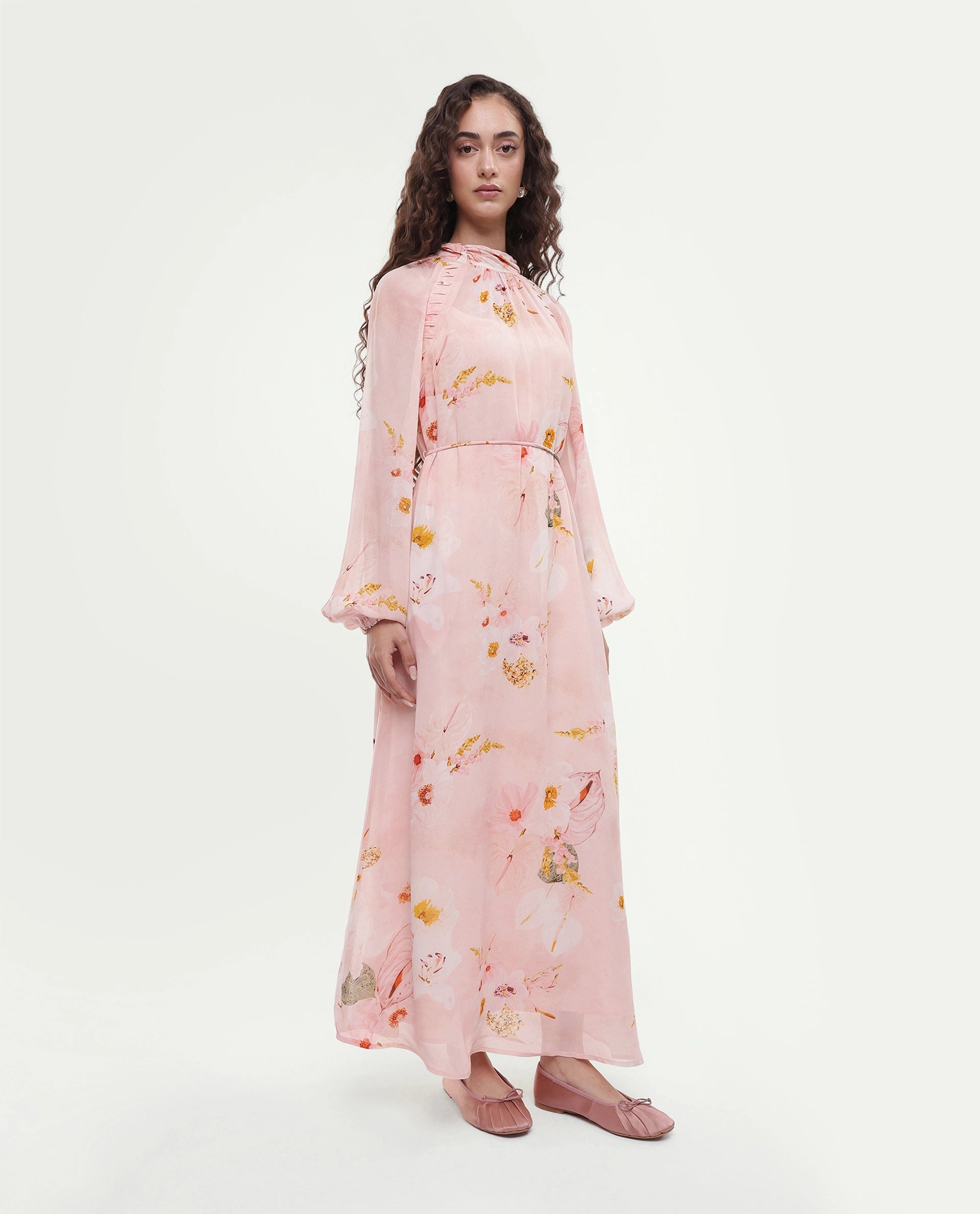 Rareism Women's Rumink Pastel Pink Viscose Band Collar Button A-Line Printed Dress