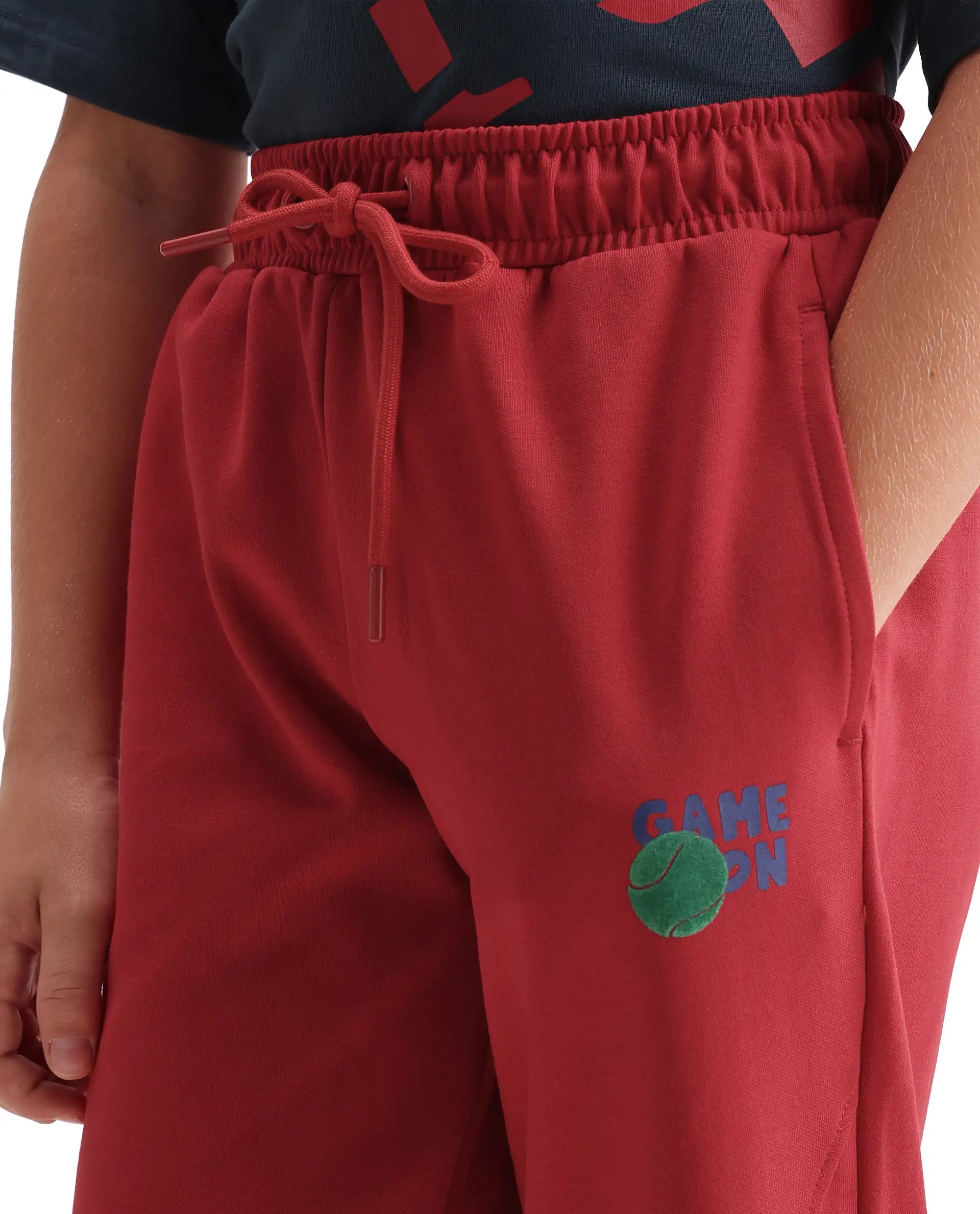 Rare Ones Kids Ronda Red Cotton Blend Fabric Drawstring Closure Carrot Plain Track Pant