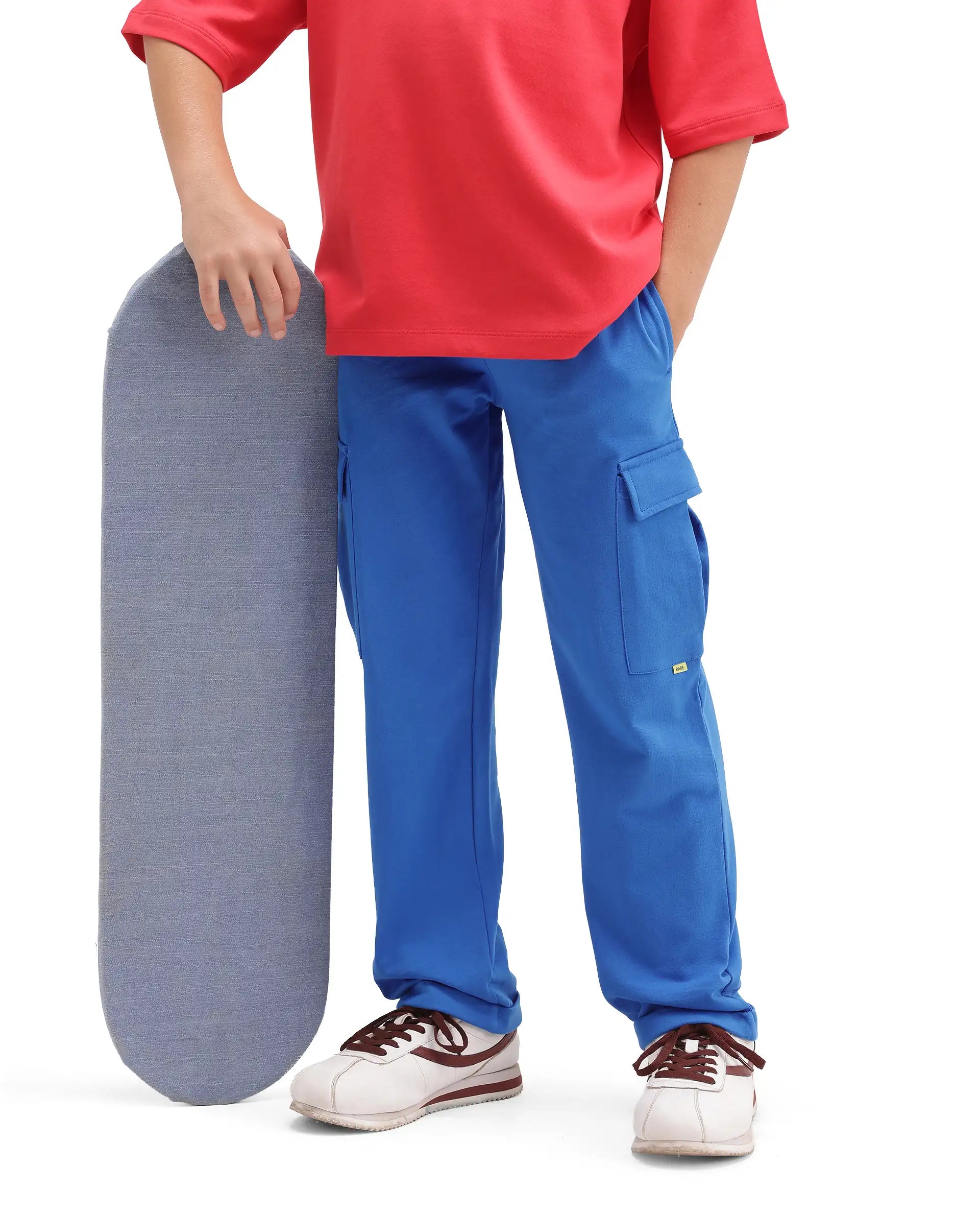 Rare Ones Kids Brody Blue Cotton Fabric Drawstring Closure Regular Plain Track Pant