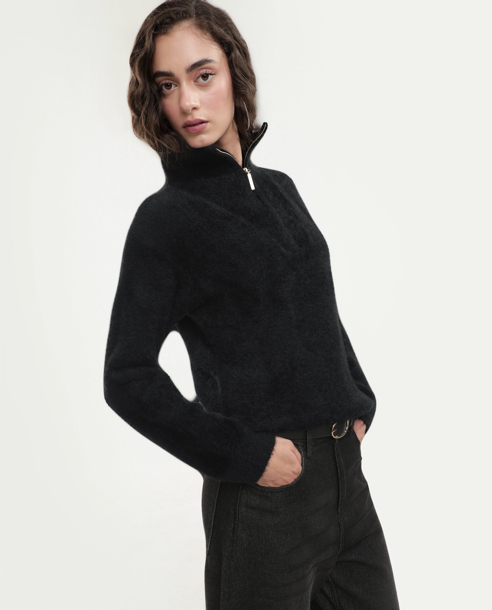 Rareism Women's Asseraw26 Black Nylon Blend Johnny Collar Relaxed Fit Plain Sweater