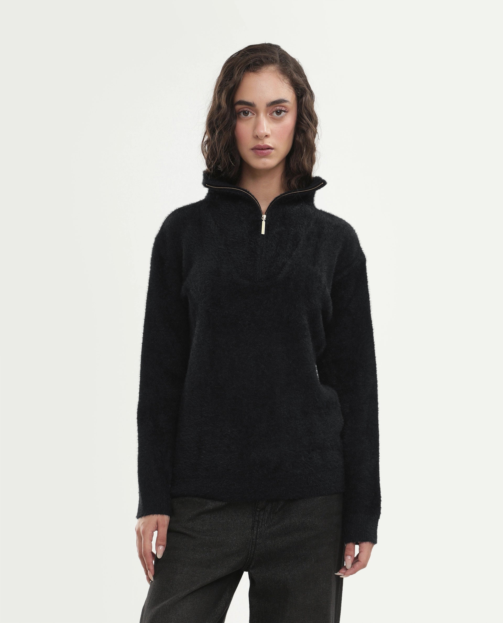 Rareism Women's Asseraw26 Black Nylon Blend Johnny Collar Relaxed Fit Plain Sweater