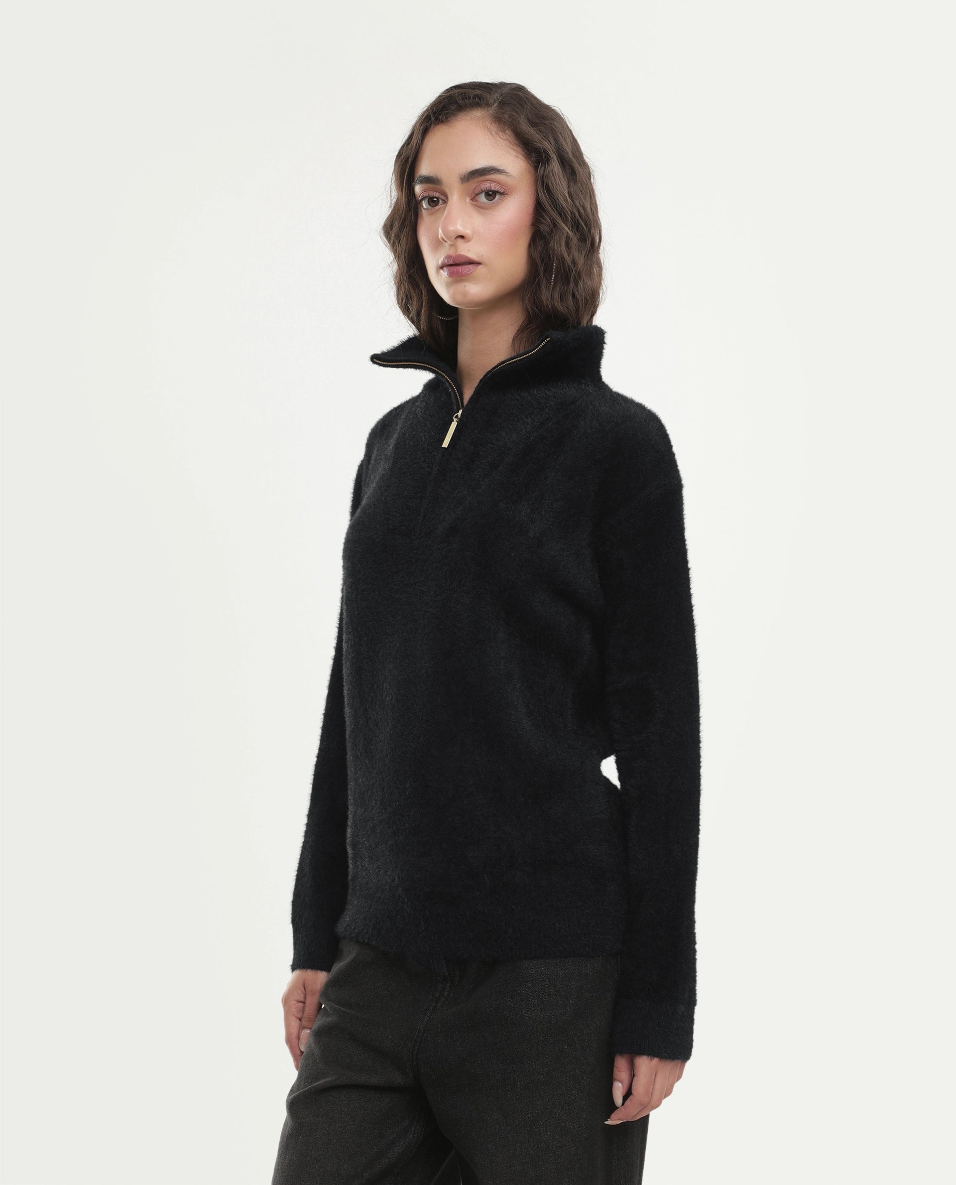 Rareism Women's Asseraw26 Black Nylon Blend Johnny Collar Relaxed Fit Plain Sweater