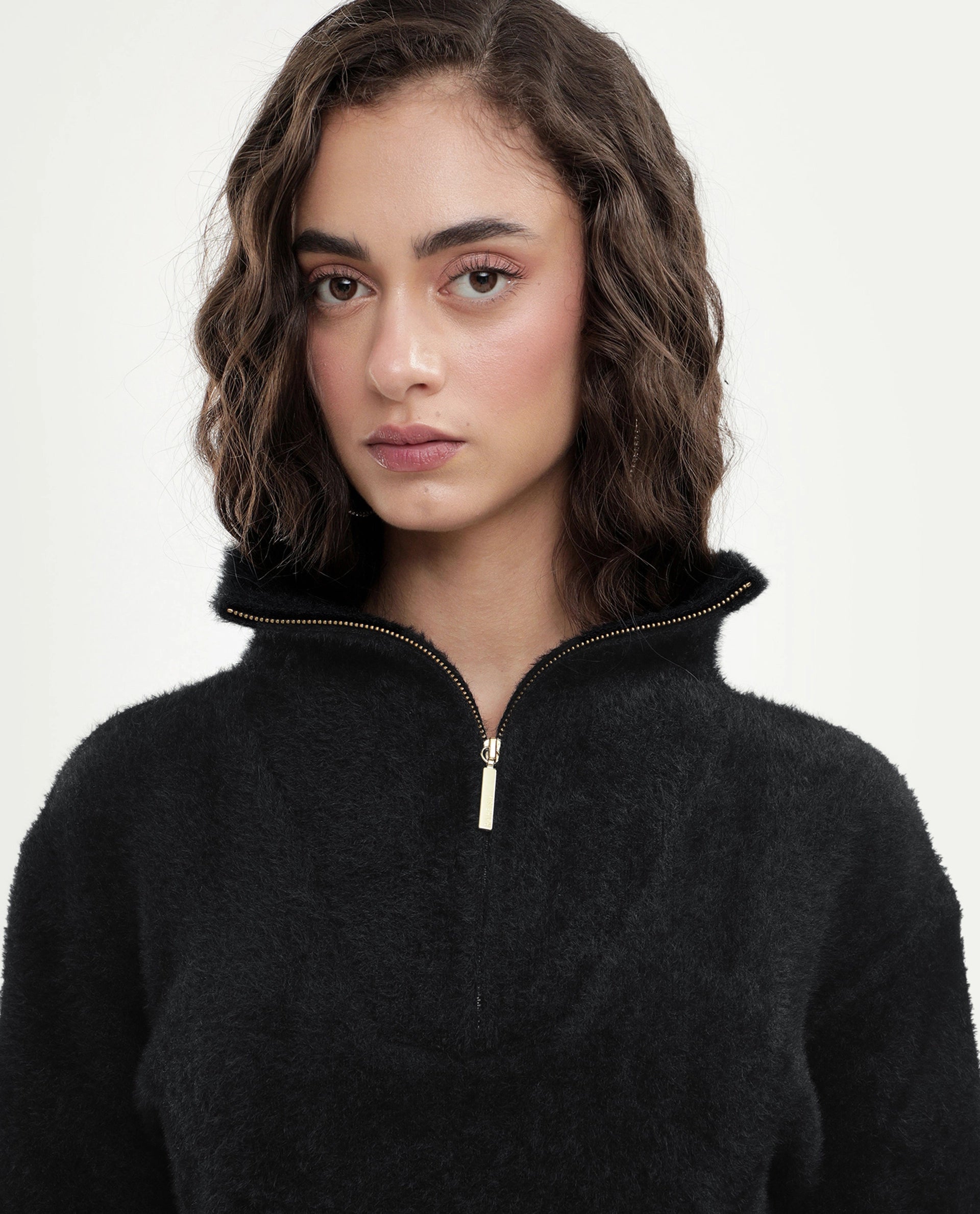 Rareism Women's Asseraw26 Black Nylon Blend Johnny Collar Relaxed Fit Plain Sweater