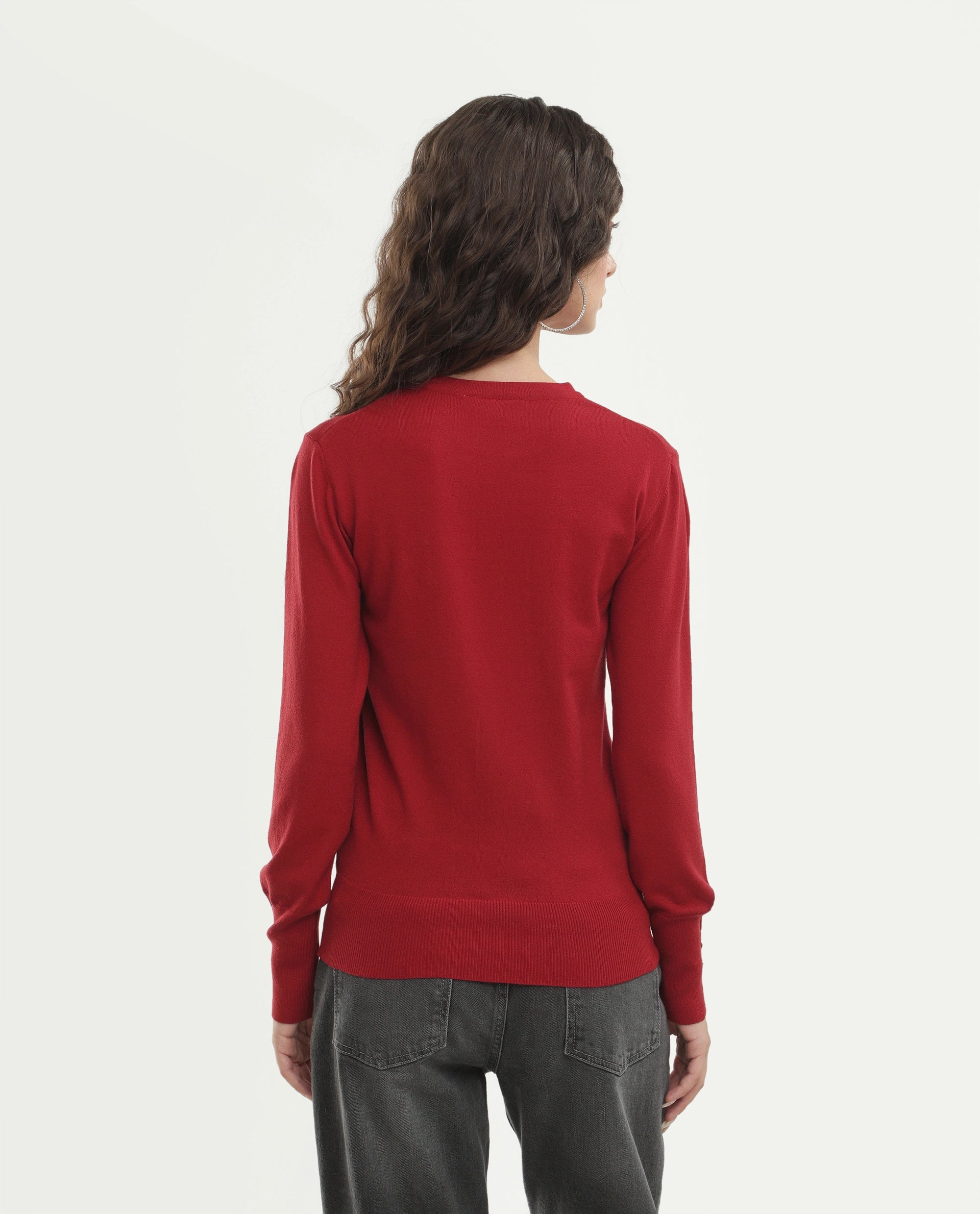 Rareism Women's Loran Dark Red Viscose Blend Crew Neck Regular Fit Plain Top