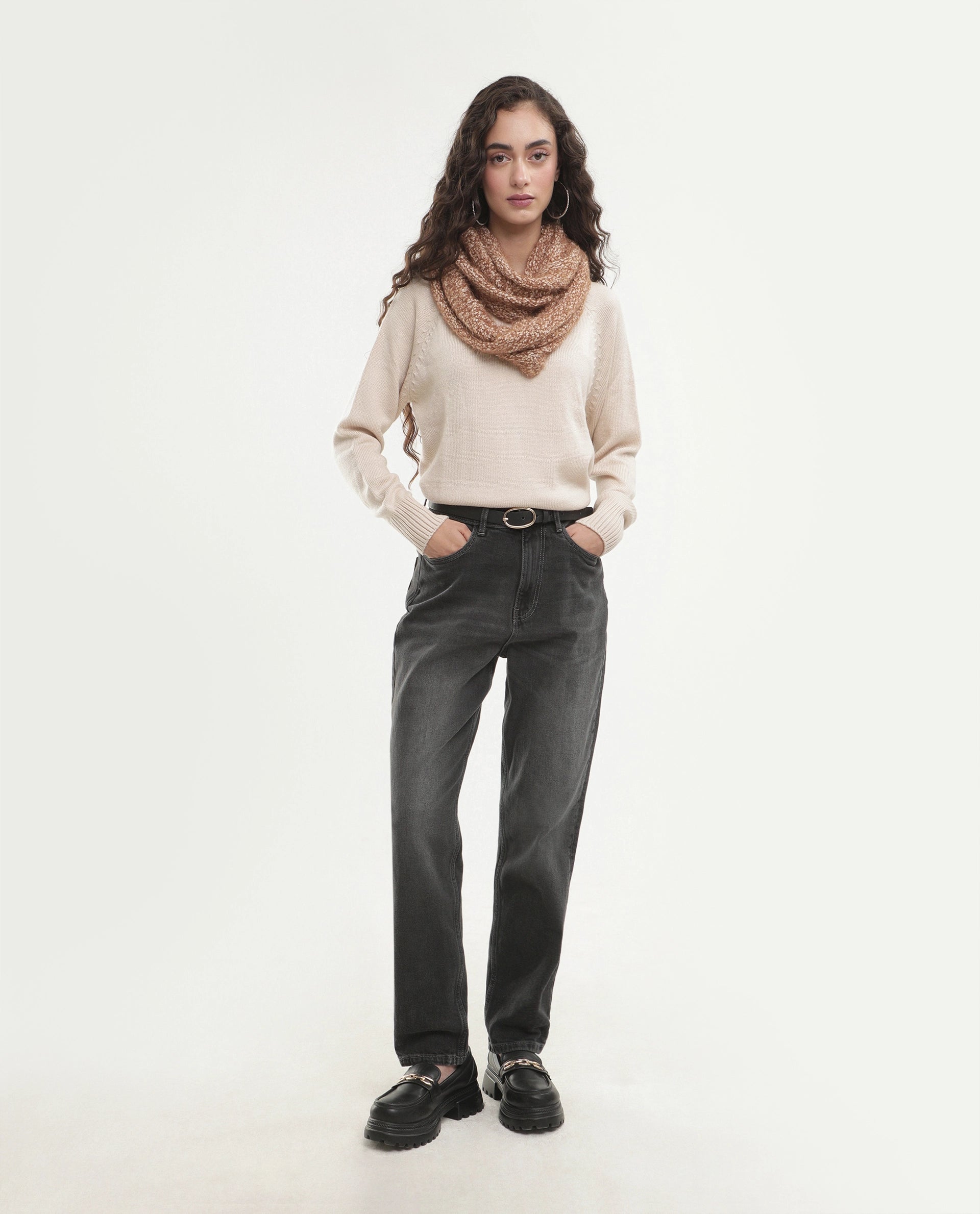 Rareism Women's Mitso Light Beige Acrylic Crew Neck Relaxed Fit Plain Sweater