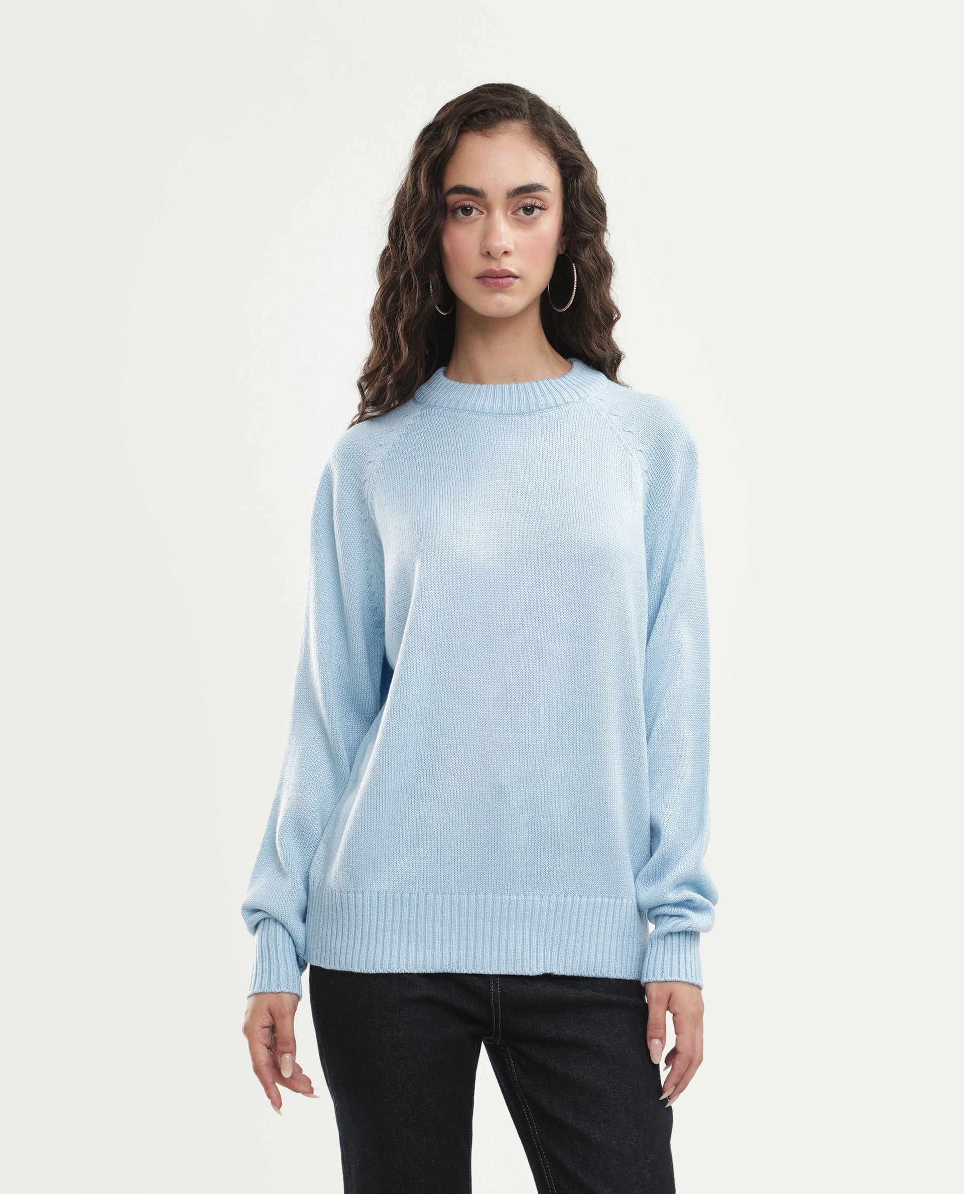 Rareism Women's Mitso Pastel Blue Acrylic Crew Neck Relaxed Fit Plain Sweater