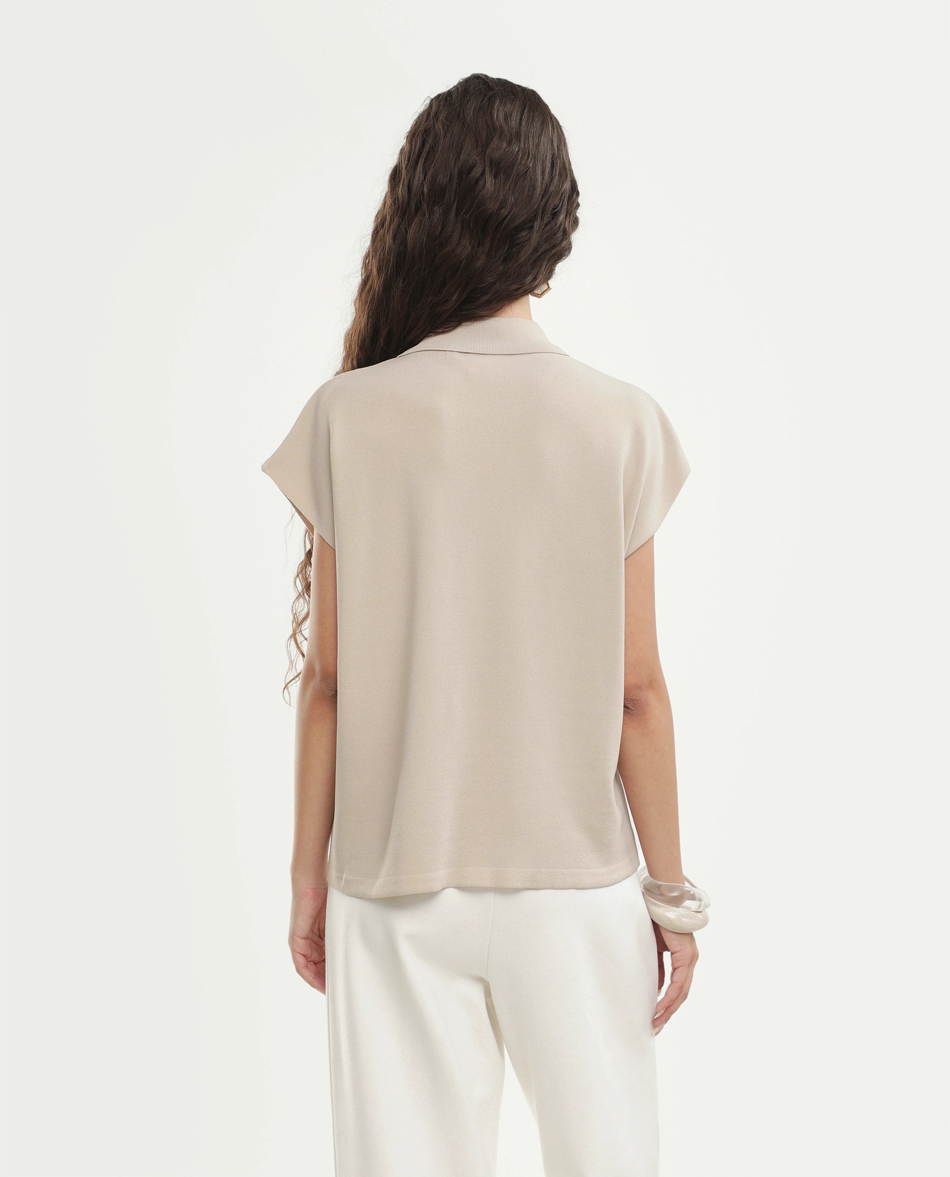 Rareism Women's Prepolaw26 Beige Viscose Blend Spread Collar Relaxed Fit Plain Top