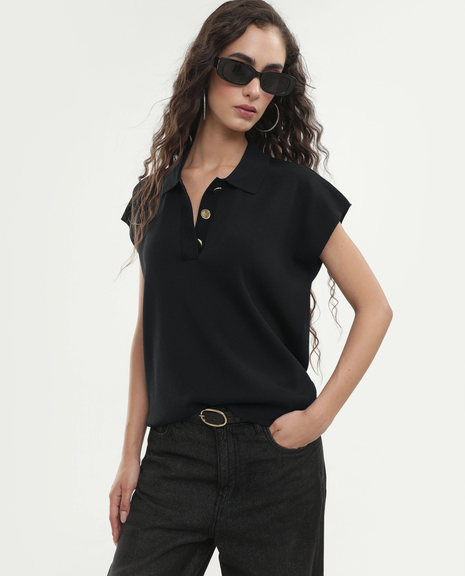 Rareism Women's Prepolaw26 Black Viscose Blend Spread Collar Relaxed Fit Plain Top