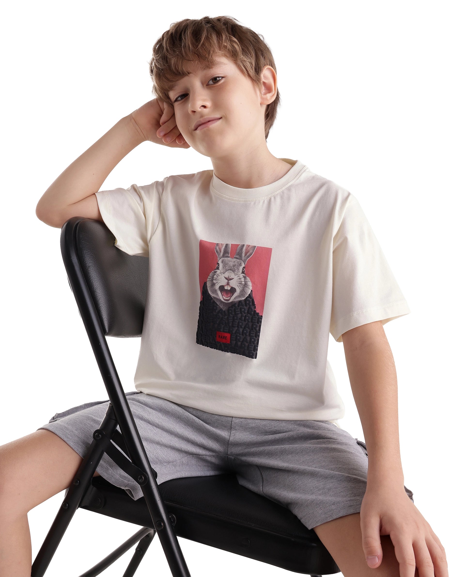 Rare Ones Kids Bunt Off White Cotton Blend Fabric Pull-On Closure Regular Fit Graphic Print T-Shirt