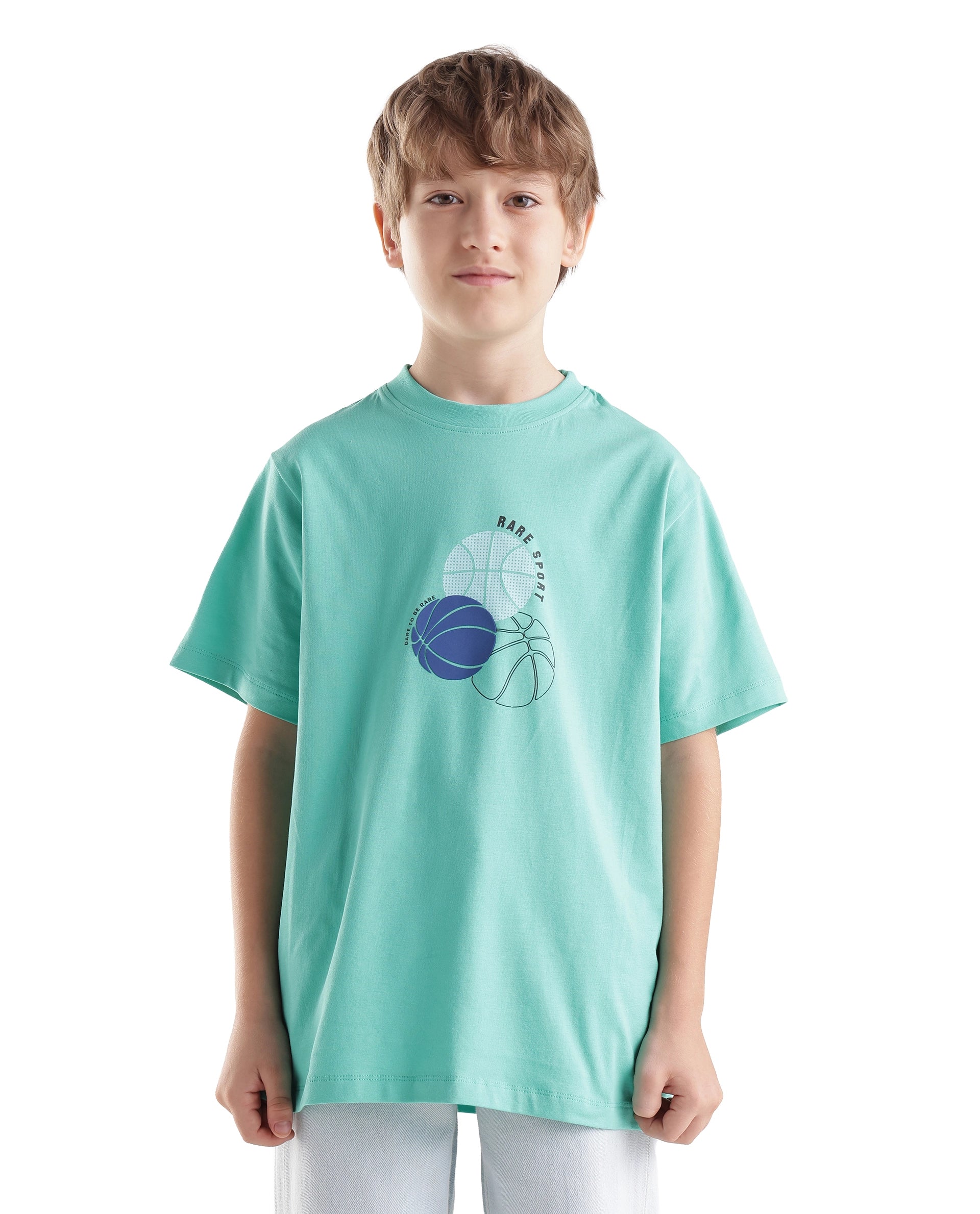 Rare Ones Kids Bask Turq Cotton Blend Fabric Pull-On Closure Regular Fit Graphic Print T-Shirt