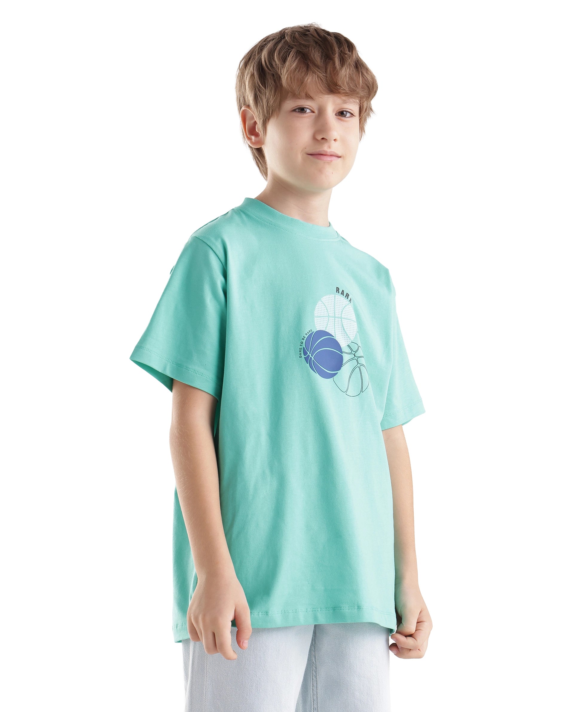 Rare Ones Kids Bask Turq Cotton Blend Fabric Pull-On Closure Regular Fit Graphic Print T-Shirt