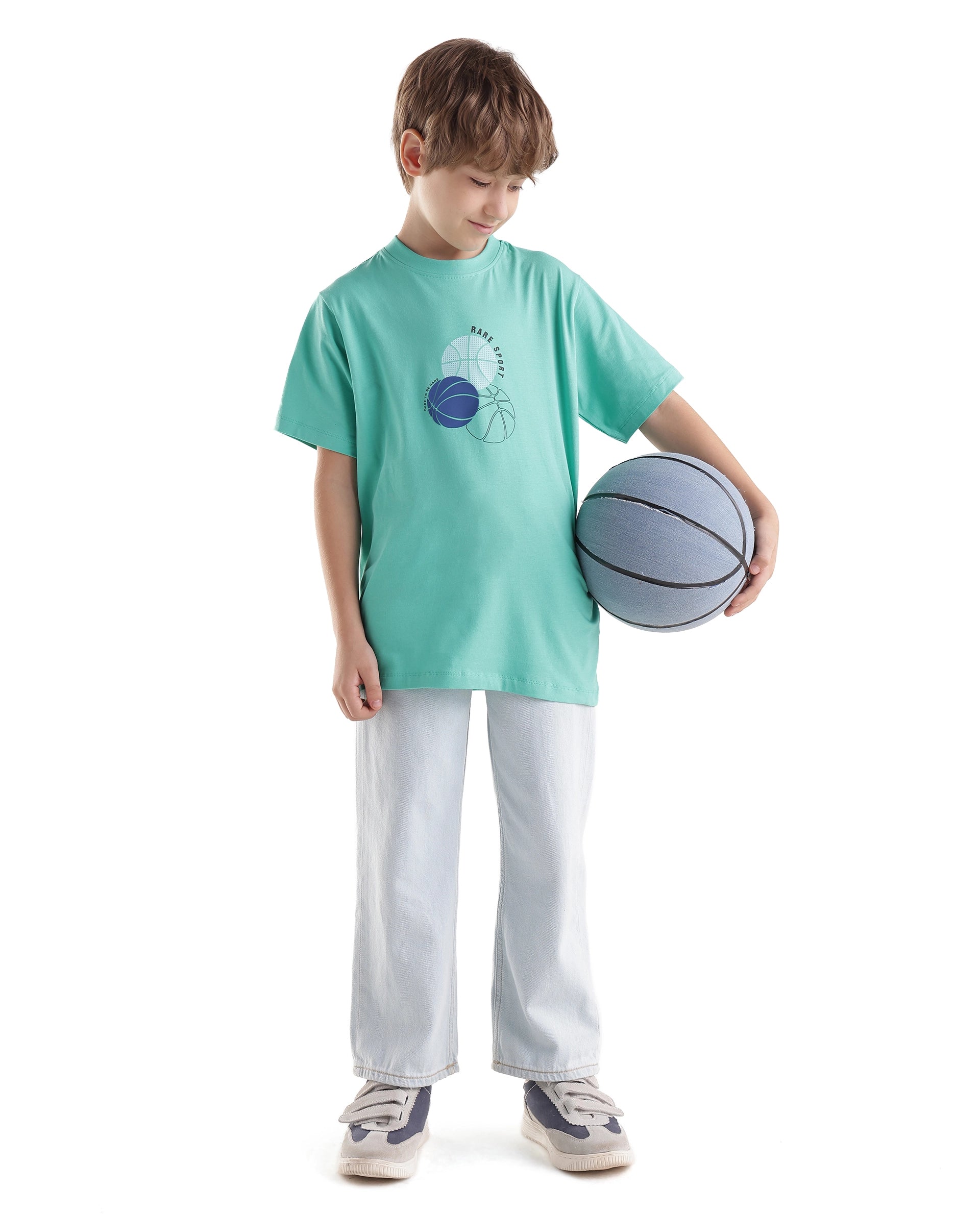 Rare Ones Kids Bask Turq Cotton Blend Fabric Pull-On Closure Regular Fit Graphic Print T-Shirt
