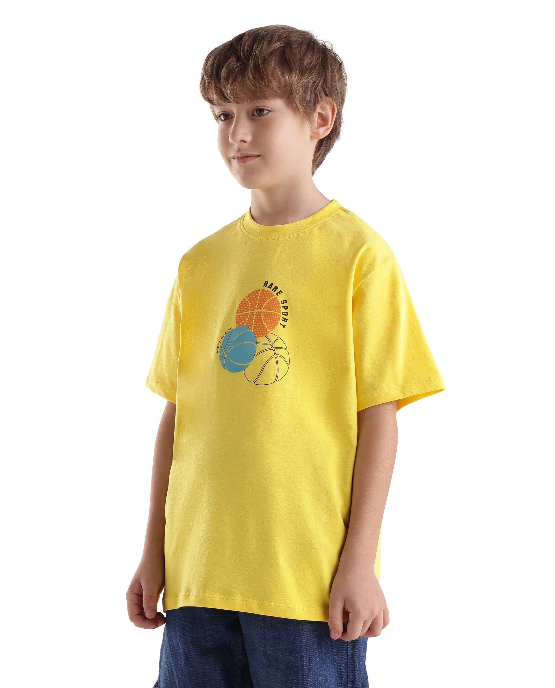 Rare Ones Kids Bask Yellow Cotton Blend Fabric Pull-On Closure Regular Fit Graphic Print T-Shirt