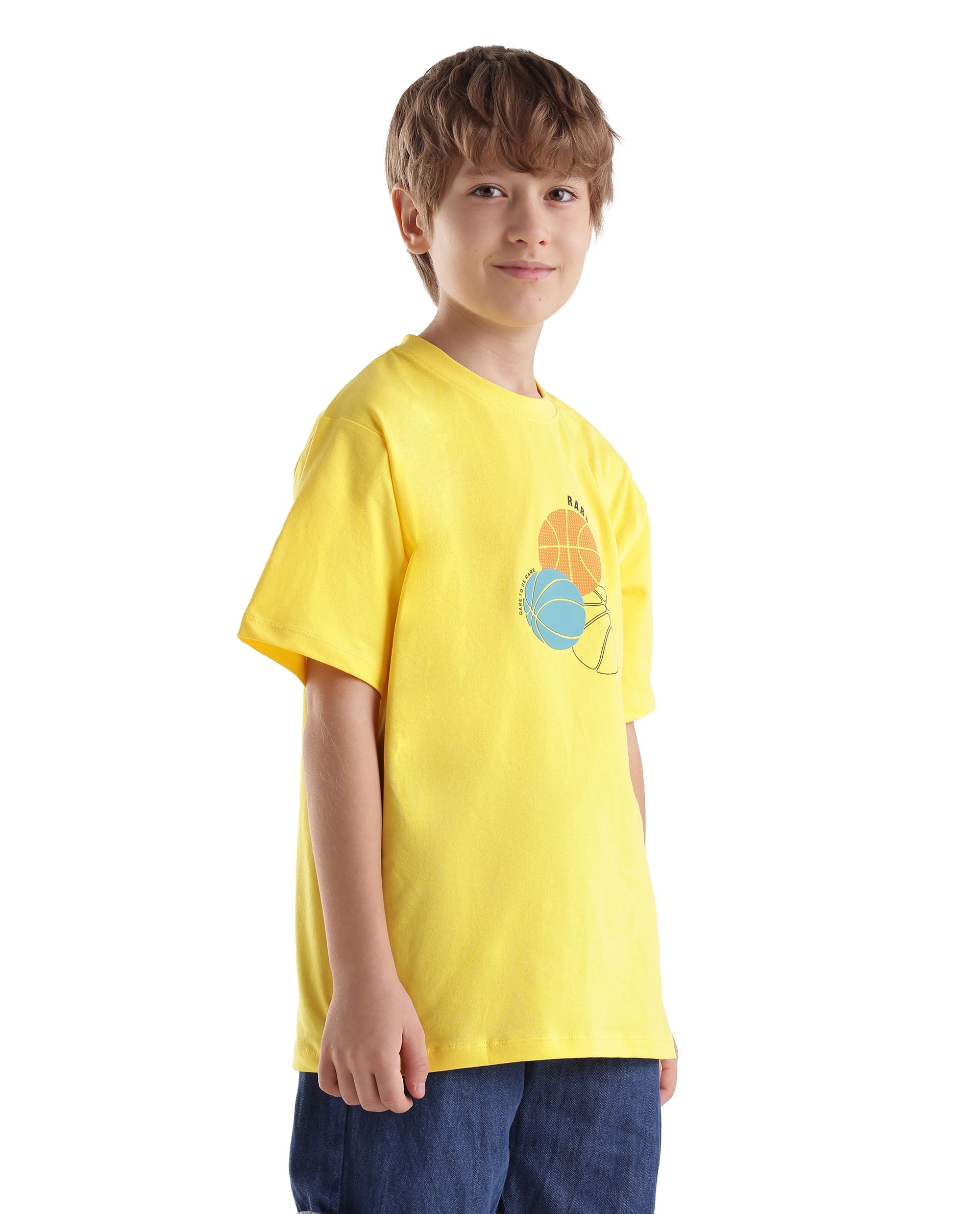 Rare Ones Kids Bask Yellow Cotton Blend Fabric Pull-On Closure Regular Fit Graphic Print T-Shirt