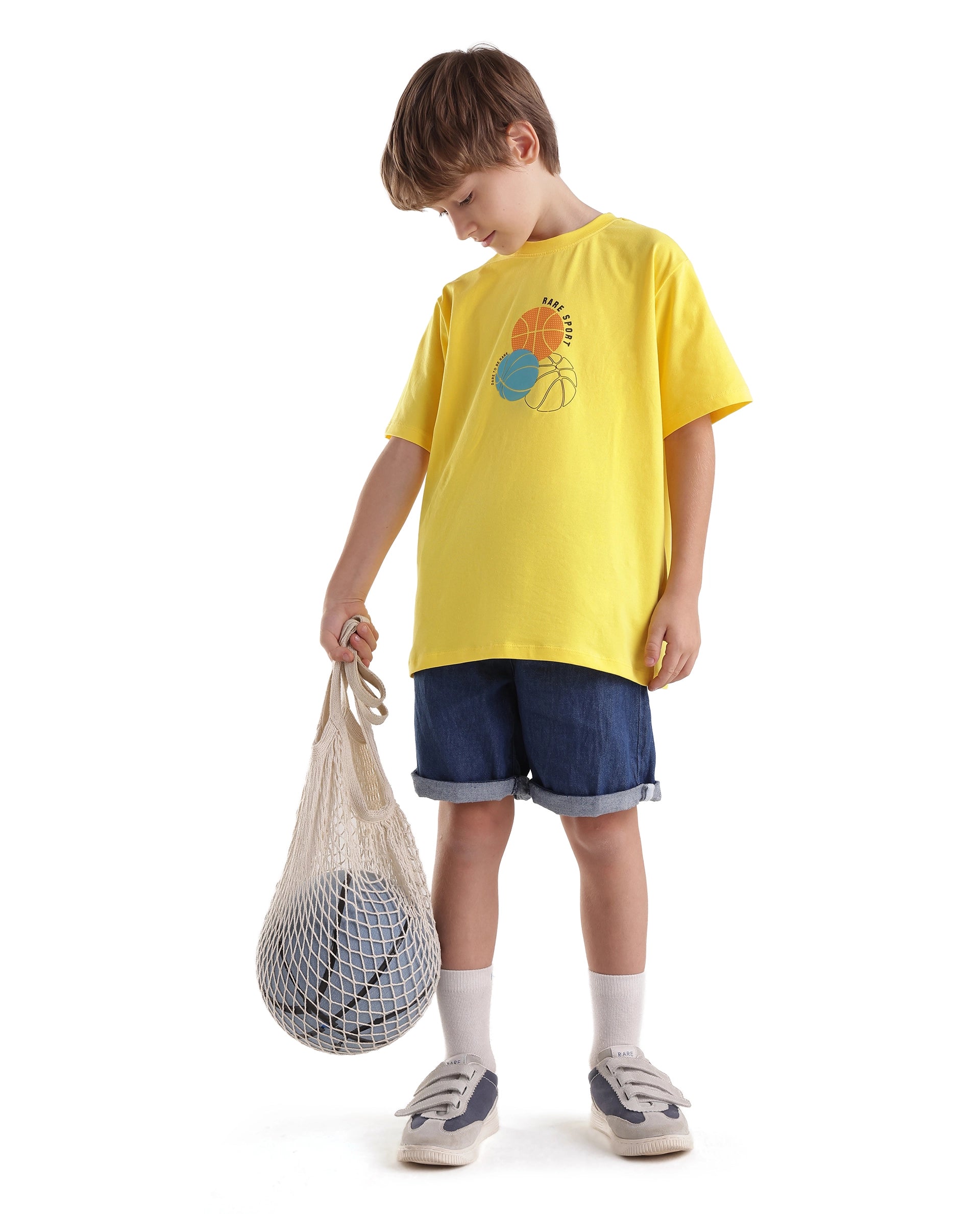 Rare Ones Kids Bask Yellow Cotton Blend Fabric Pull-On Closure Regular Fit Graphic Print T-Shirt