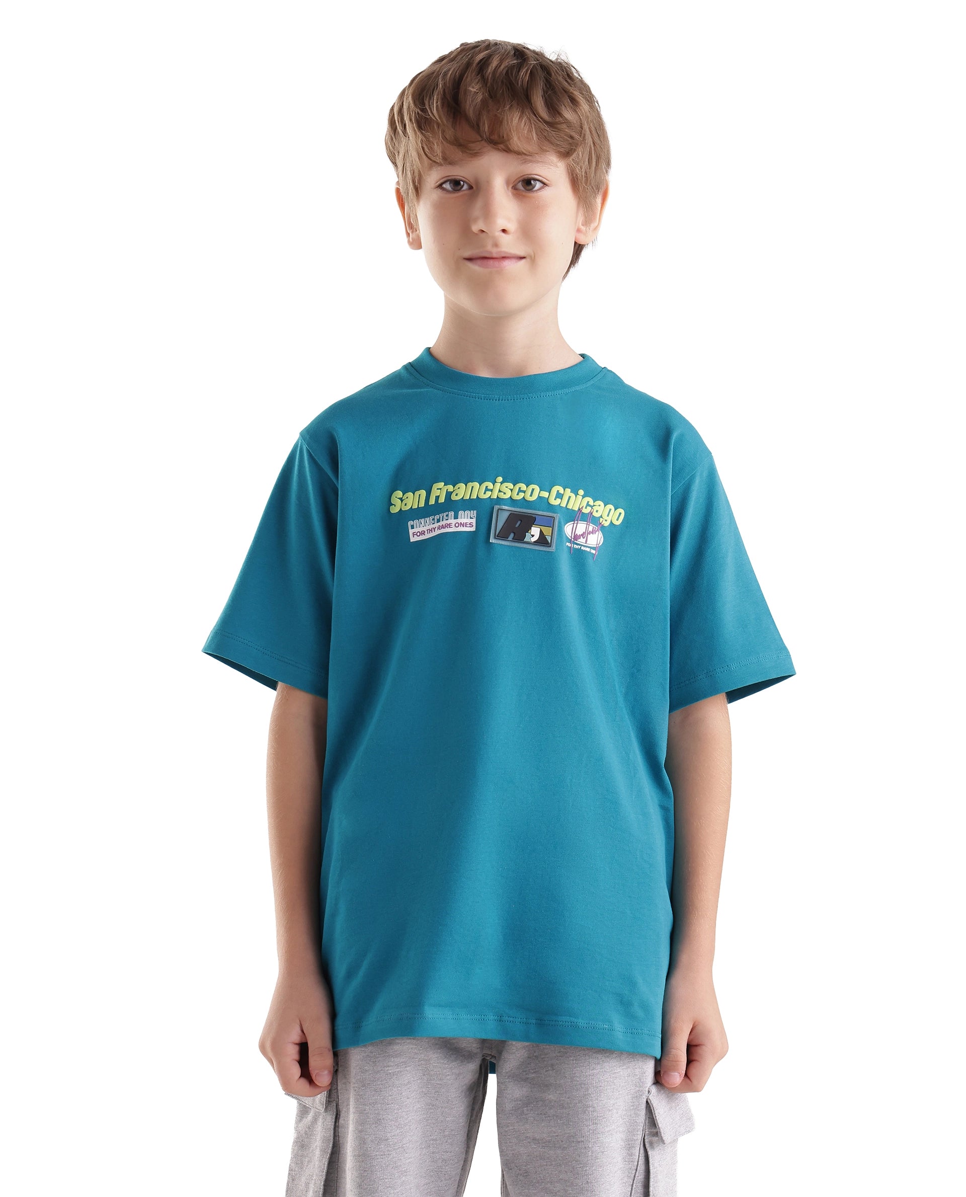Rare Ones Kids Fran Teal Cotton Blend Fabric Pull-On Closure Regular Fit Graphic Print T-Shirt