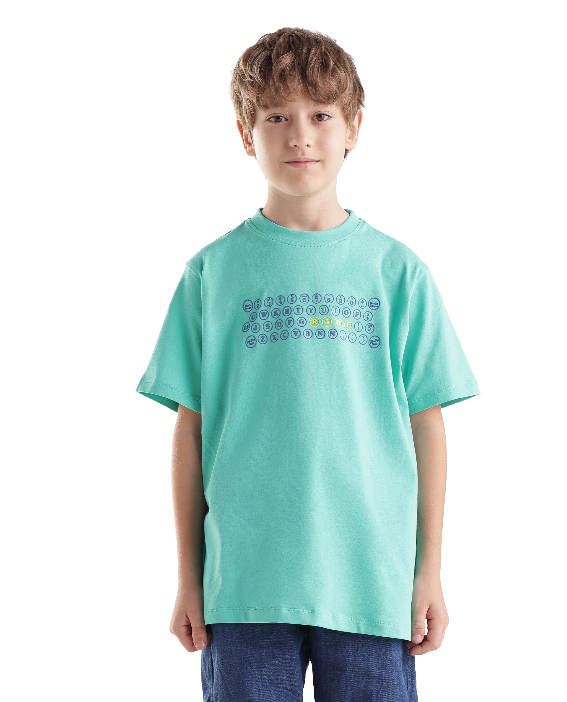Rare Ones Kids Key Turq Cotton Blend Fabric Pull-On Closure Regular Fit Graphic Print T-Shirt