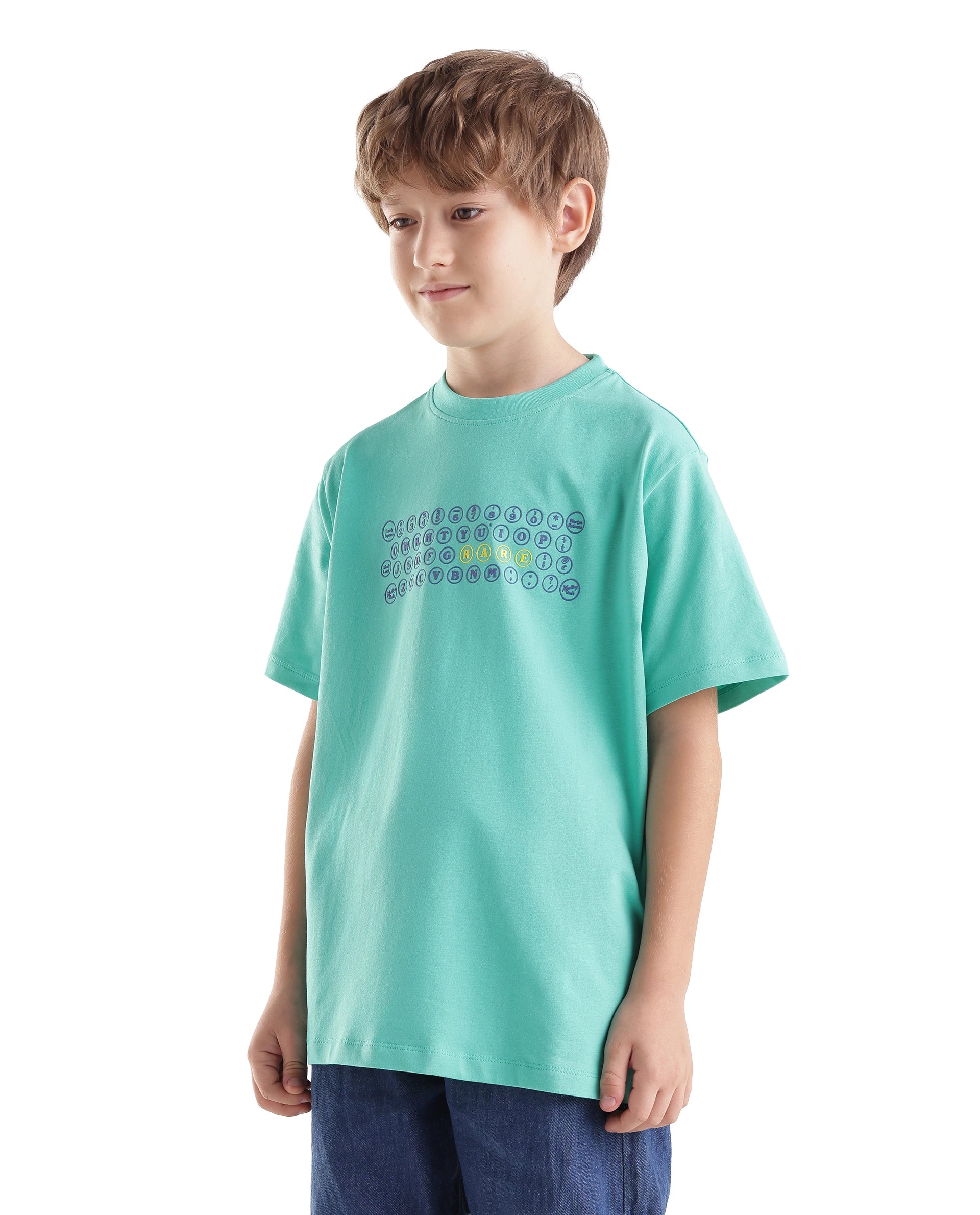 Rare Ones Kids Key Turq Cotton Blend Fabric Pull-On Closure Regular Fit Graphic Print T-Shirt