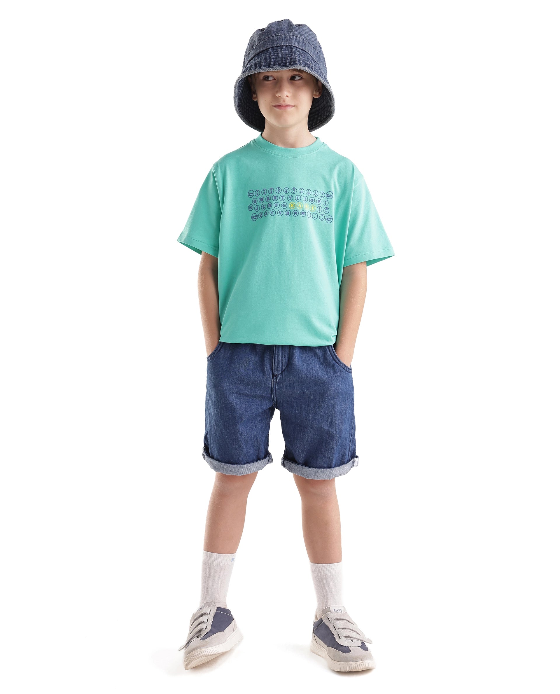 Rare Ones Kids Key Turq Cotton Blend Fabric Pull-On Closure Regular Fit Graphic Print T-Shirt