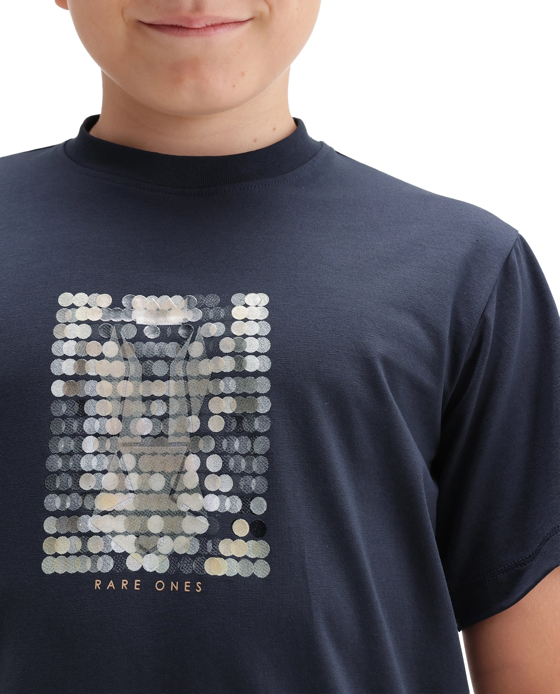 Rare Ones Kids Icye Navy Cotton Blend Fabric Pull-On Closure Regular Fit Graphic Print T-Shirt