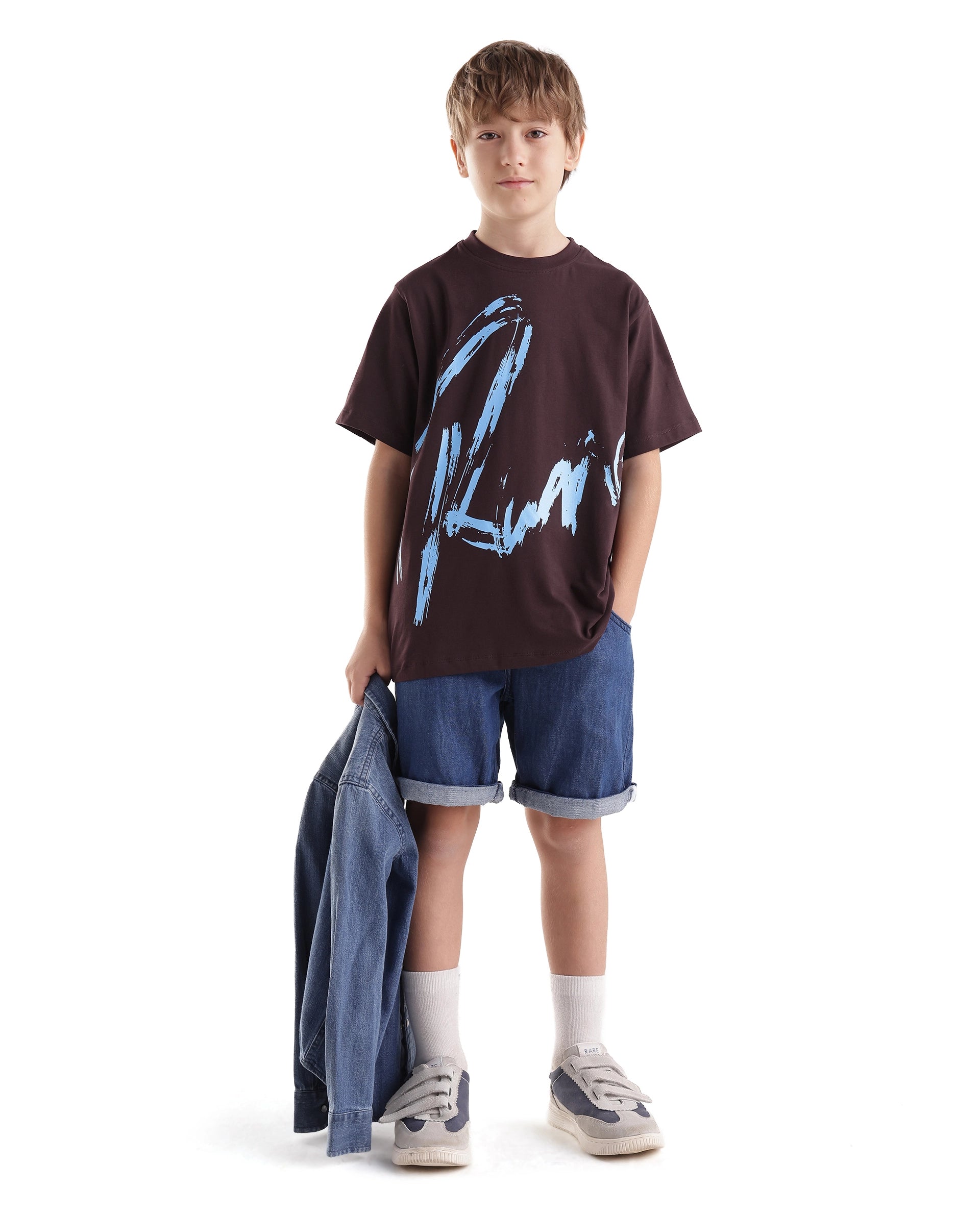 Rare Ones Kids Emor Dark Brown Cotton Blend Fabric Pull-On Closure Regular Fit Graphic Print T-Shirt