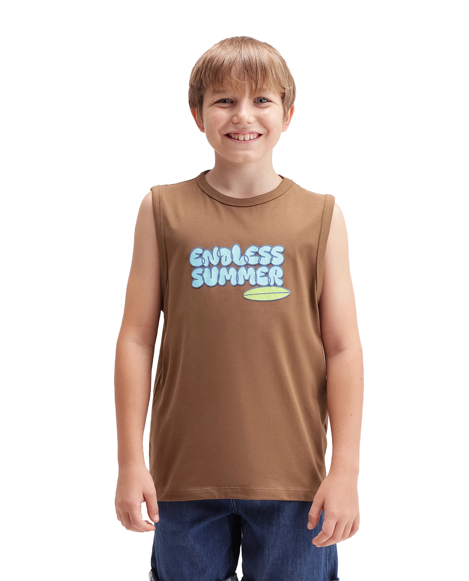 Rare Ones Kids Beck Brown Cotton Blend Fabric Pull-On Closure Tank Fit Graphic Print T-Shirt