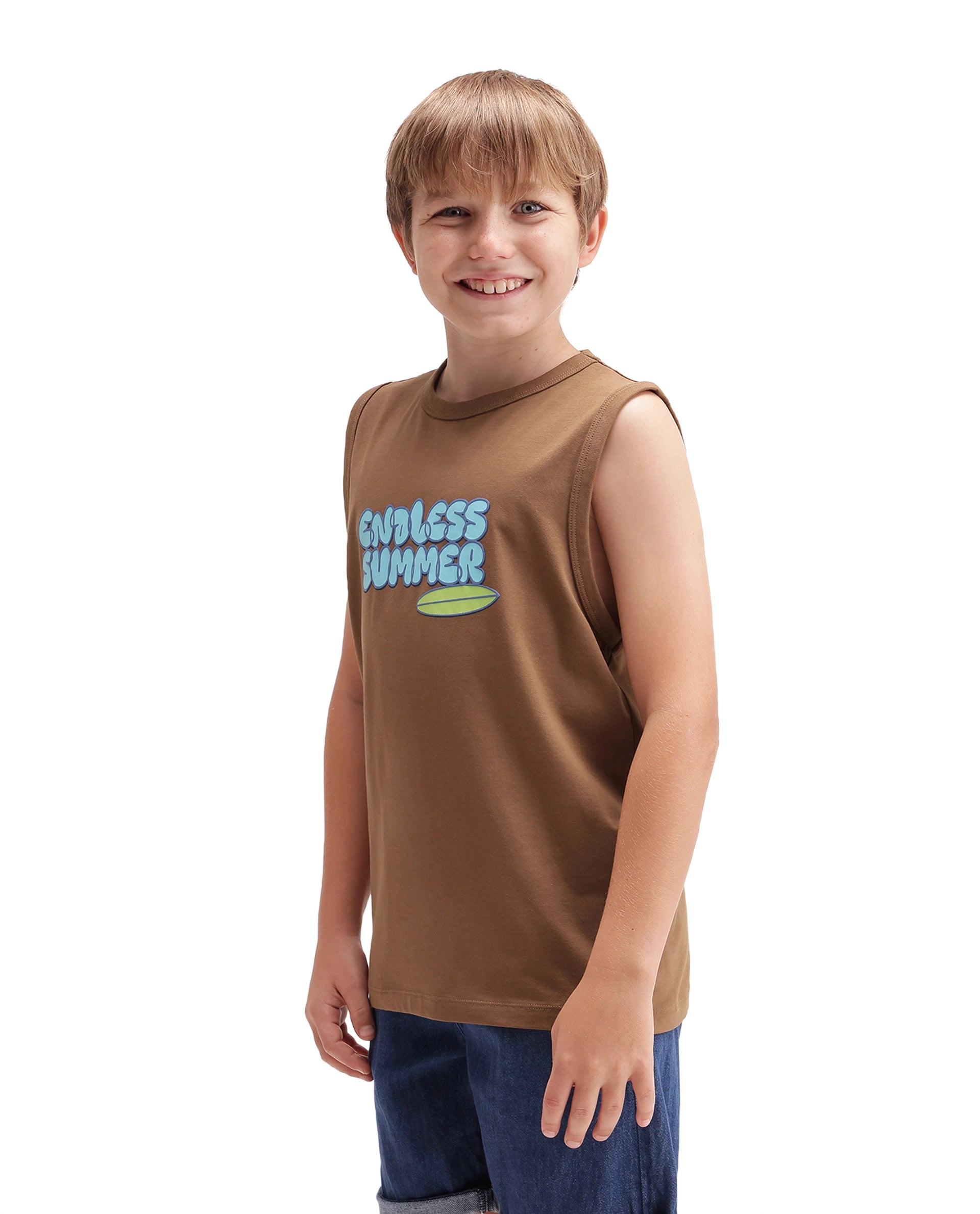 Rare Ones Kids Beck Brown Cotton Blend Fabric Pull-On Closure Tank Fit Graphic Print T-Shirt
