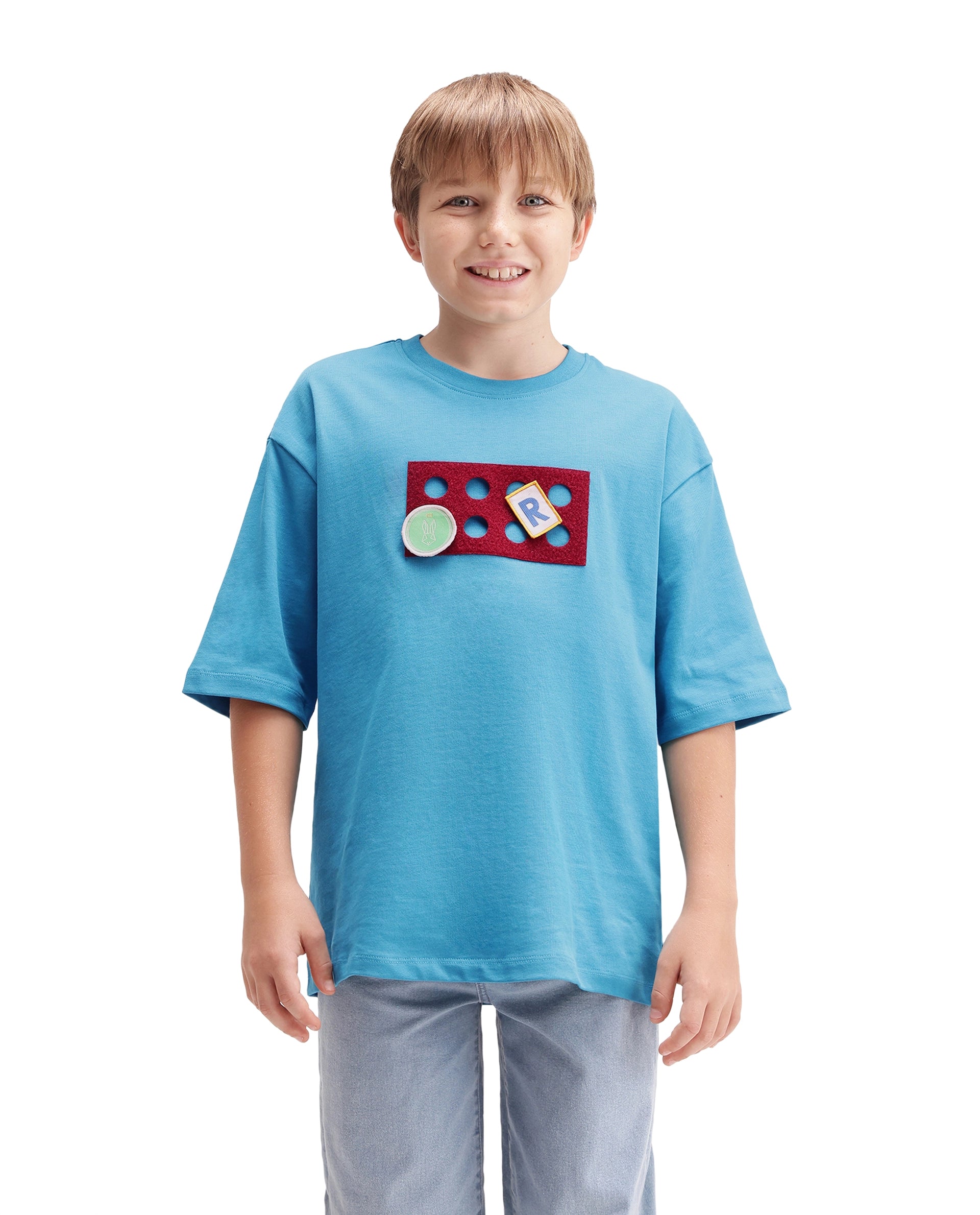 Rare Ones Kids Legon Teal Cotton Fabric Pull-On Closure Oversized Graphic Print T-Shirt