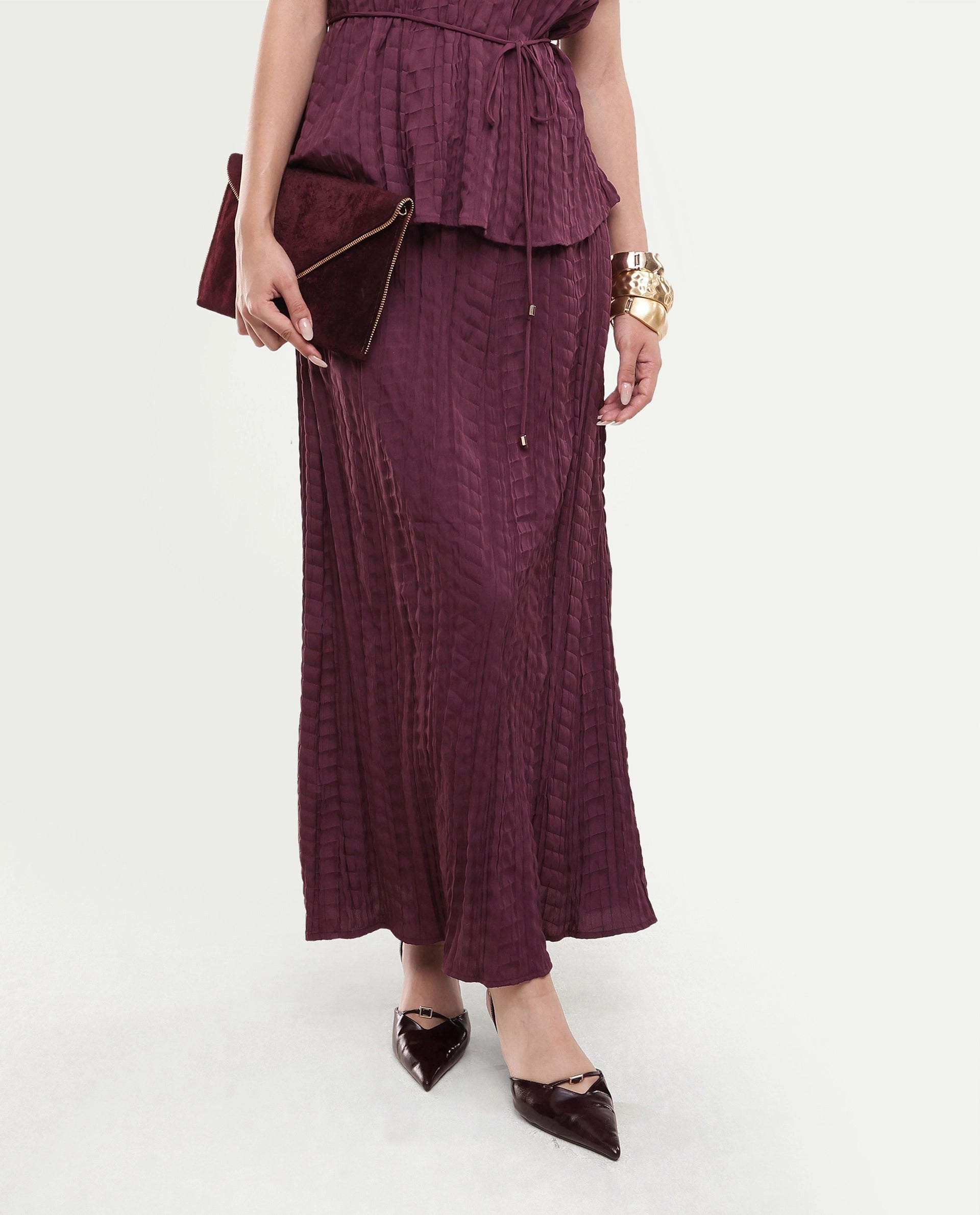 Rareism Women's Saco-B Dusky Purple Self Design Polyester Straight Maxi Skirt