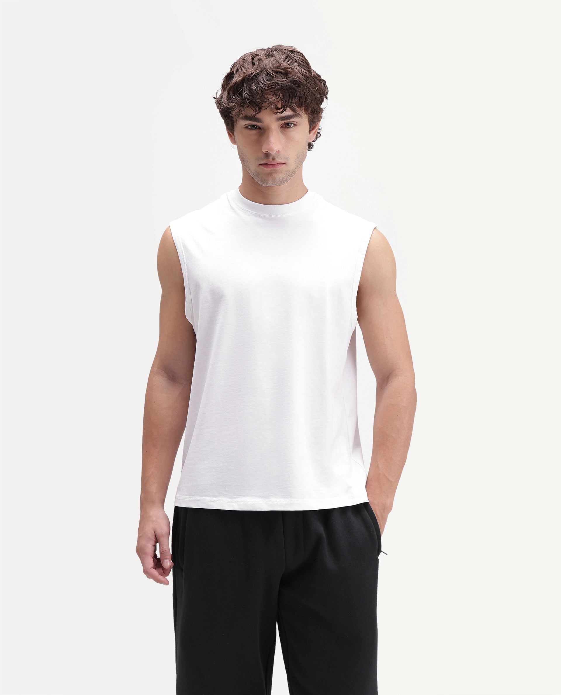 Rare Rabbit Men's Nats Light White Cotton Lycra Fabric Regular Fit Plain Stretchable Sleeveless Vest