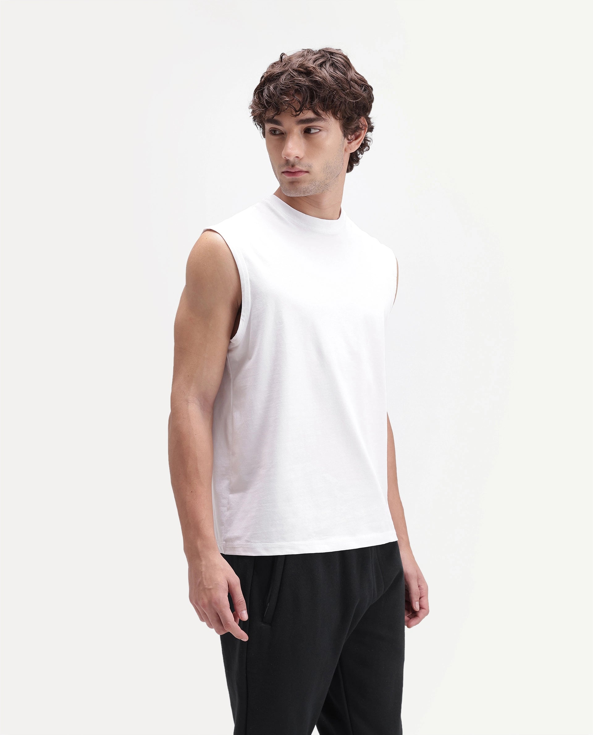Rare Rabbit Men's Nats Light White Cotton Lycra Fabric Regular Fit Plain Stretchable Sleeveless Vest