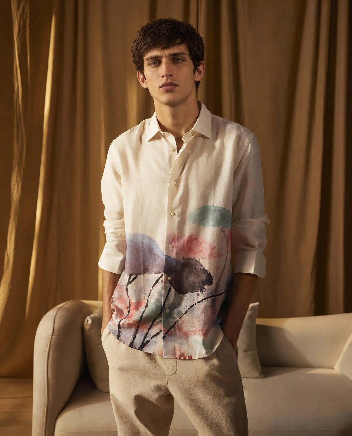 Rare Rabbit Men's Ond Off White Linen Blend Button Regular Fit Abstract Print Shirt