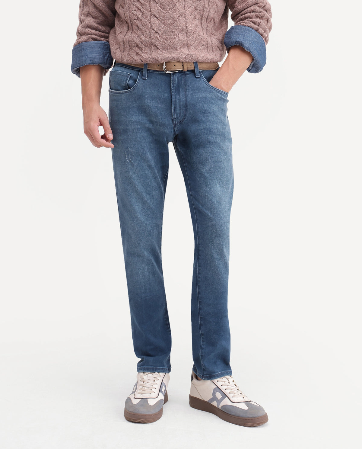 Rare Rabbit Men's Slig 2 Light Blue Cotton Blend Hawk Slim Plain Jeans