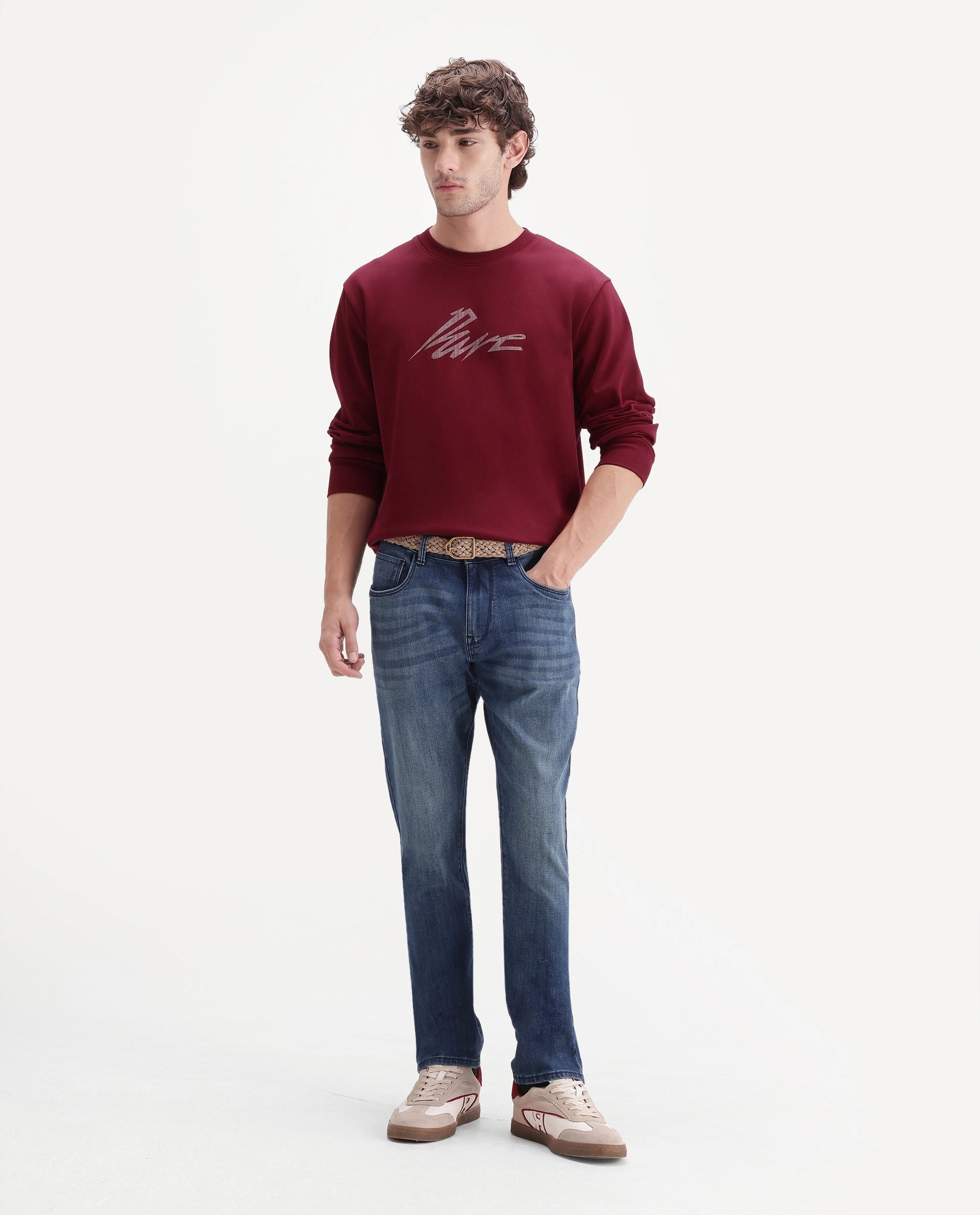 Rare Rabbit Men's Mod Blue Cotton Blend Hawk Slim Plain Jeans
