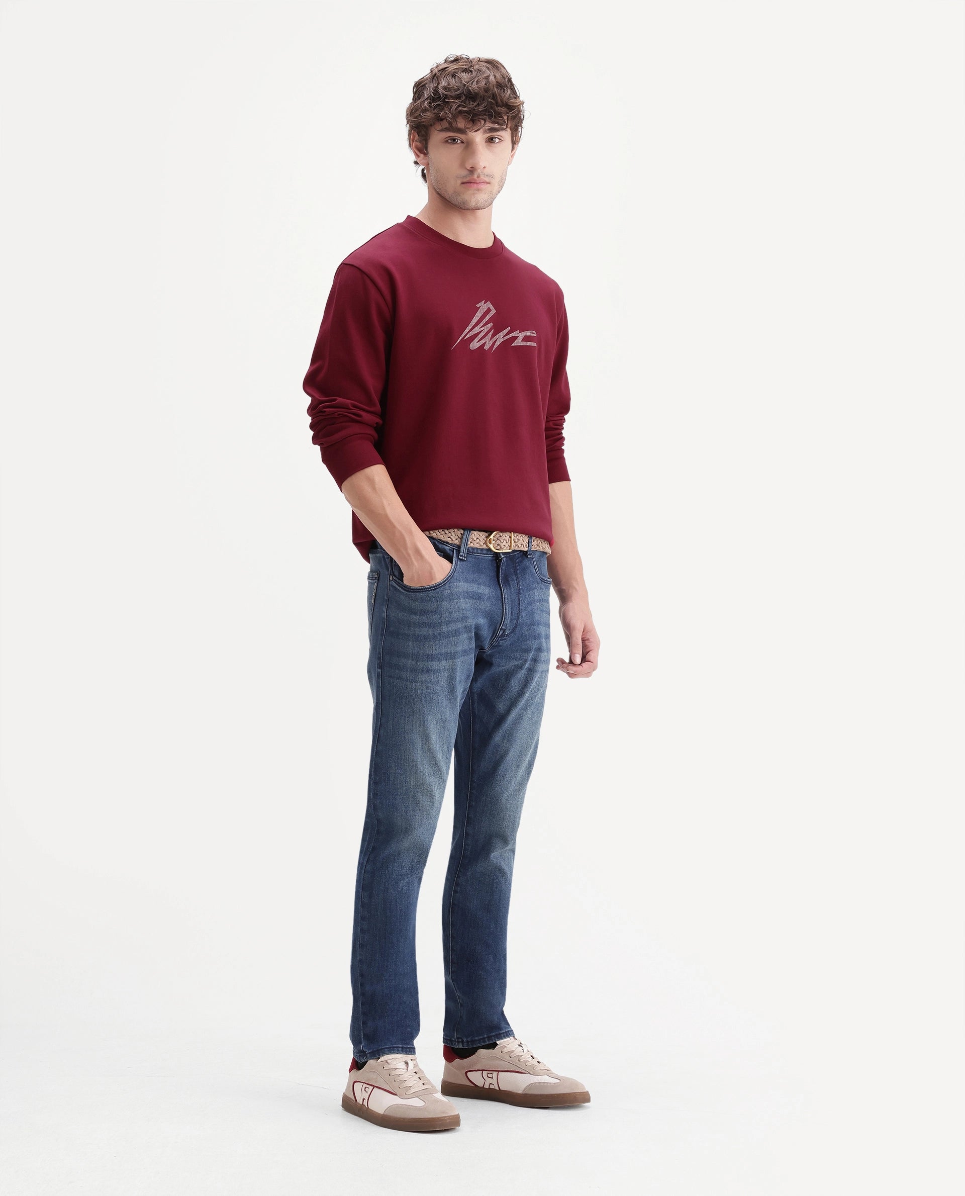 Rare Rabbit Men's Mod Blue Cotton Blend Hawk Slim Plain Jeans