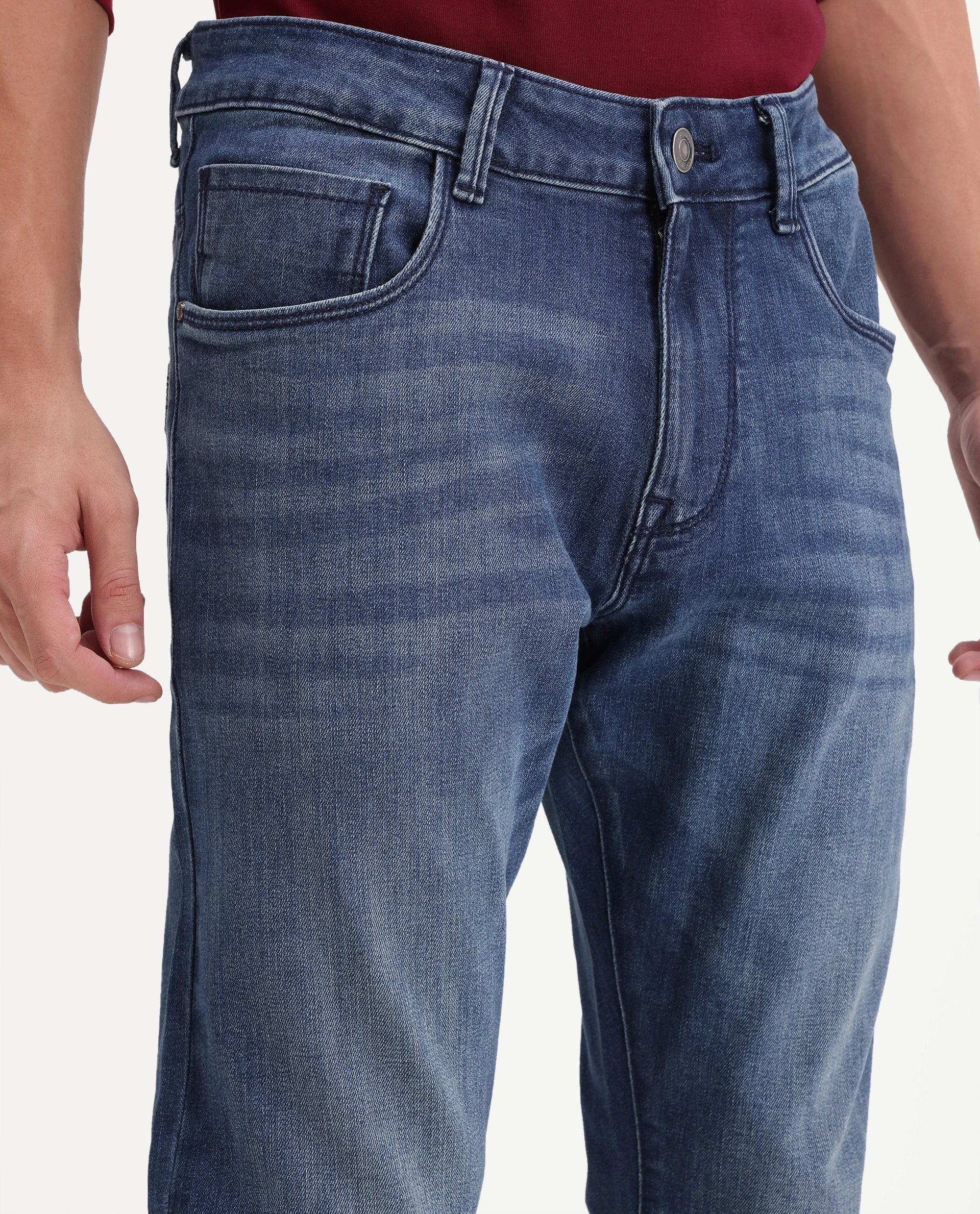 Rare Rabbit Men's Mod Blue Cotton Blend Hawk Slim Plain Jeans