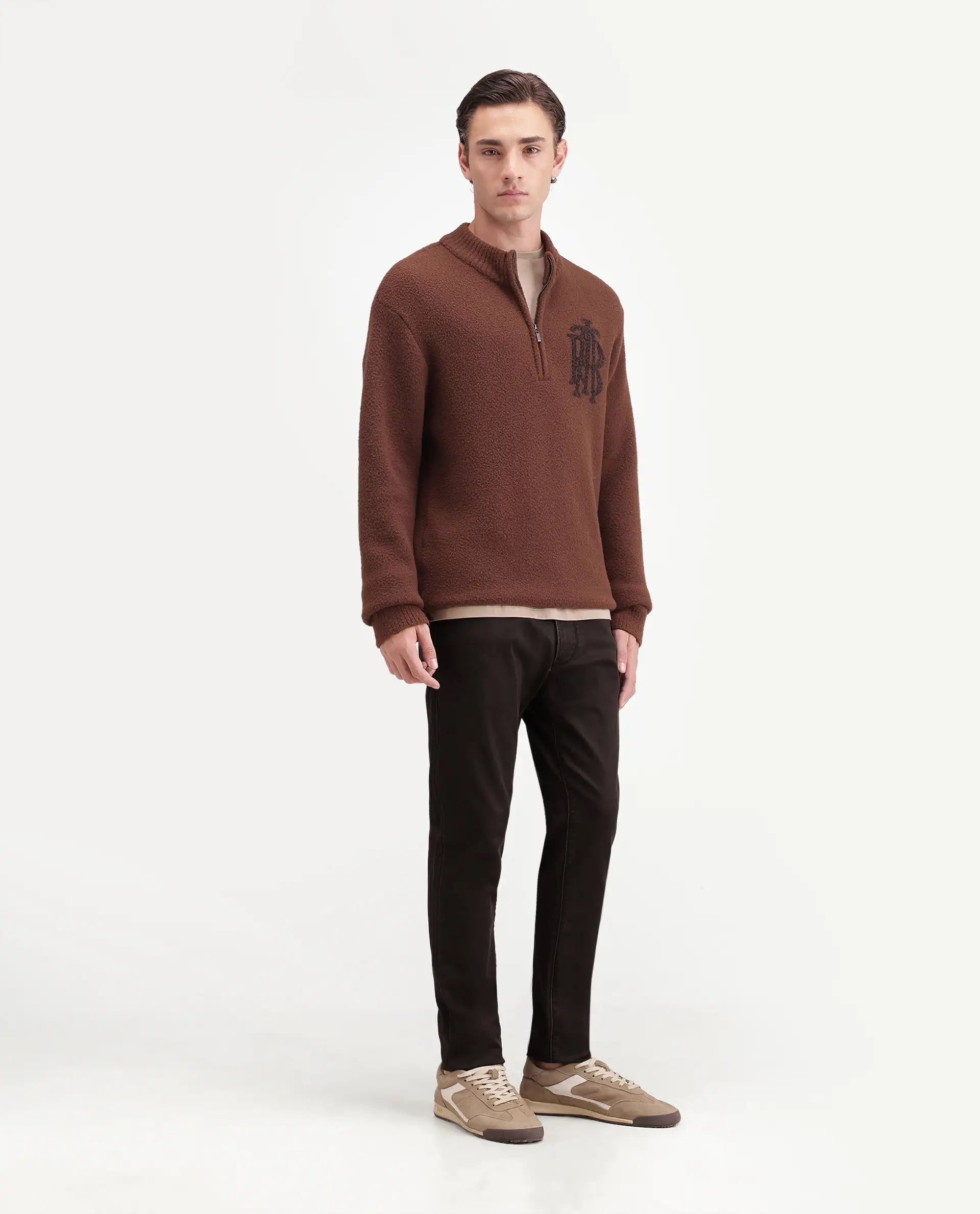 Rare Rabbit Men's Khoy Dark Brown Cotton Blend Hawk Slim Plain Jeans