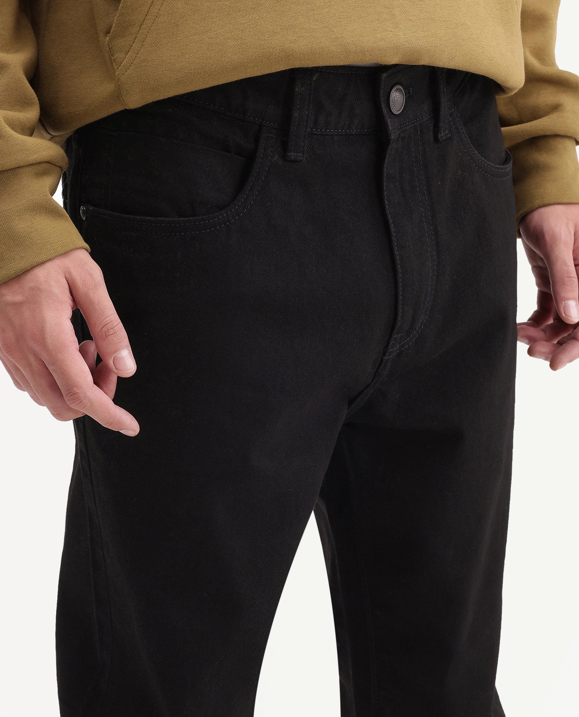 Rare Rabbit Men's Khal 26 Black Cotton Kurt Carrot Plain Jeans