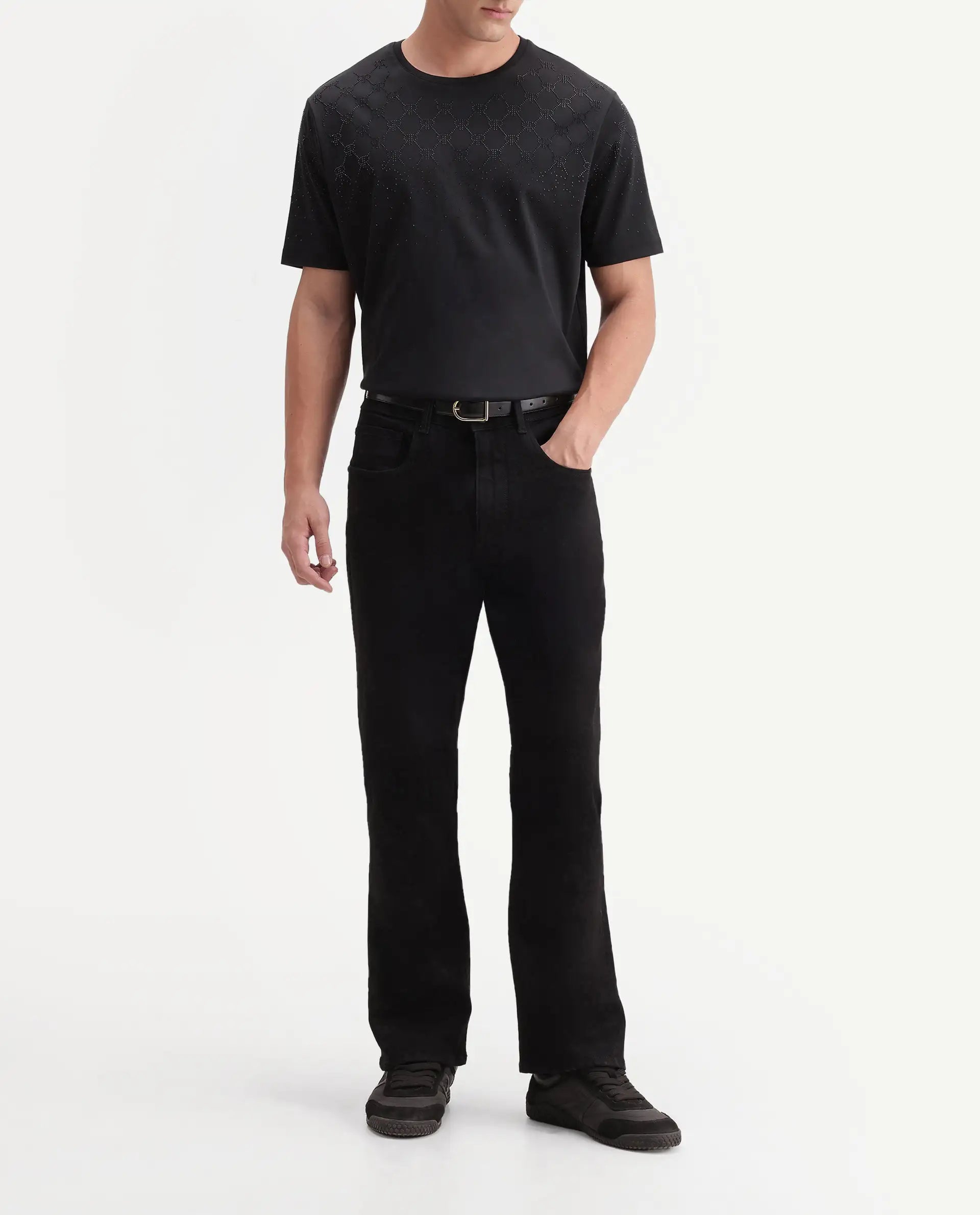 Rare Rabbit Men's Boot Black Cotton Blend Knox Bootcut Plain Jeans